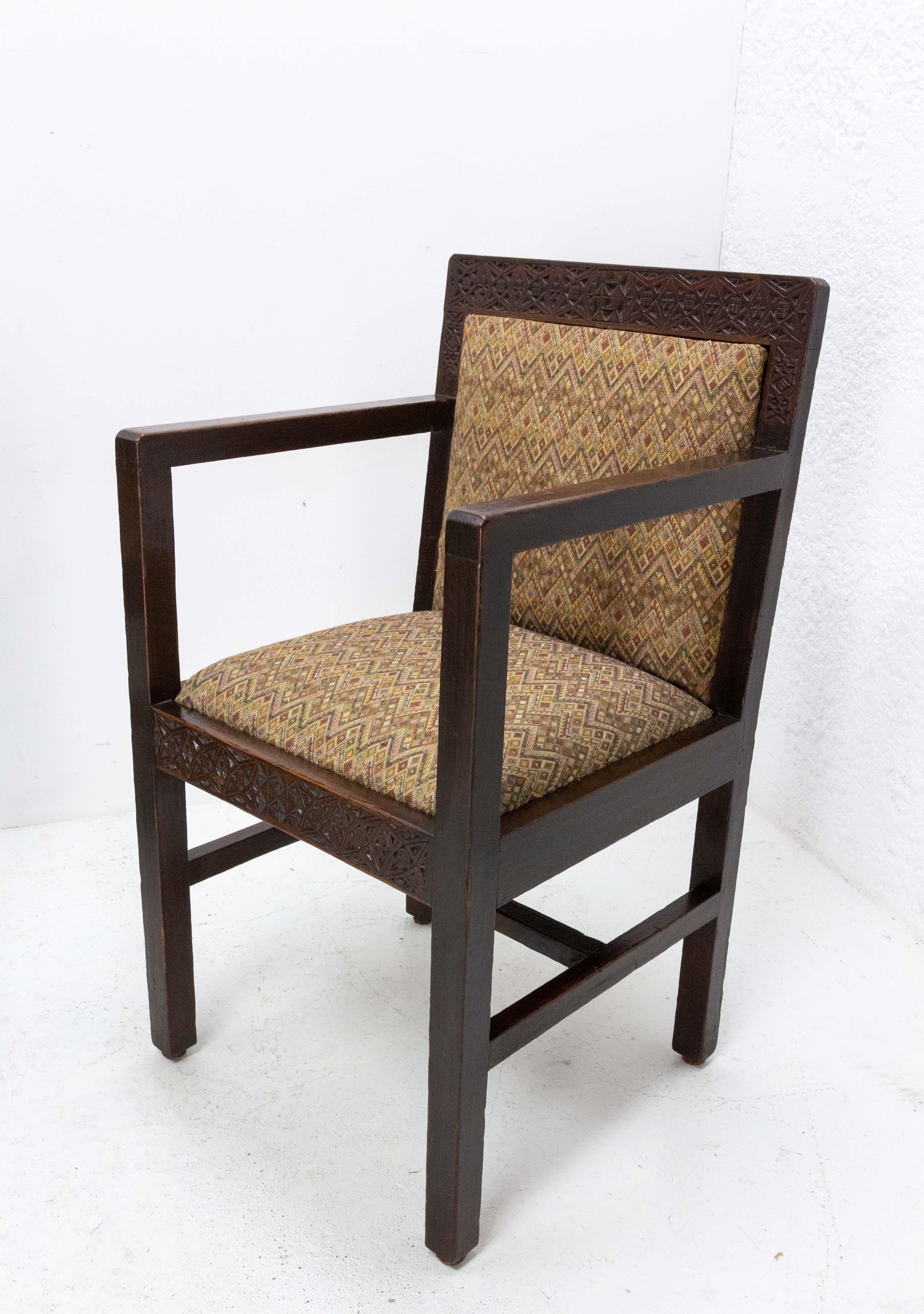 Four Moroccan Armchairs Art Deco circa 1930, Carved Pine For Sale 1