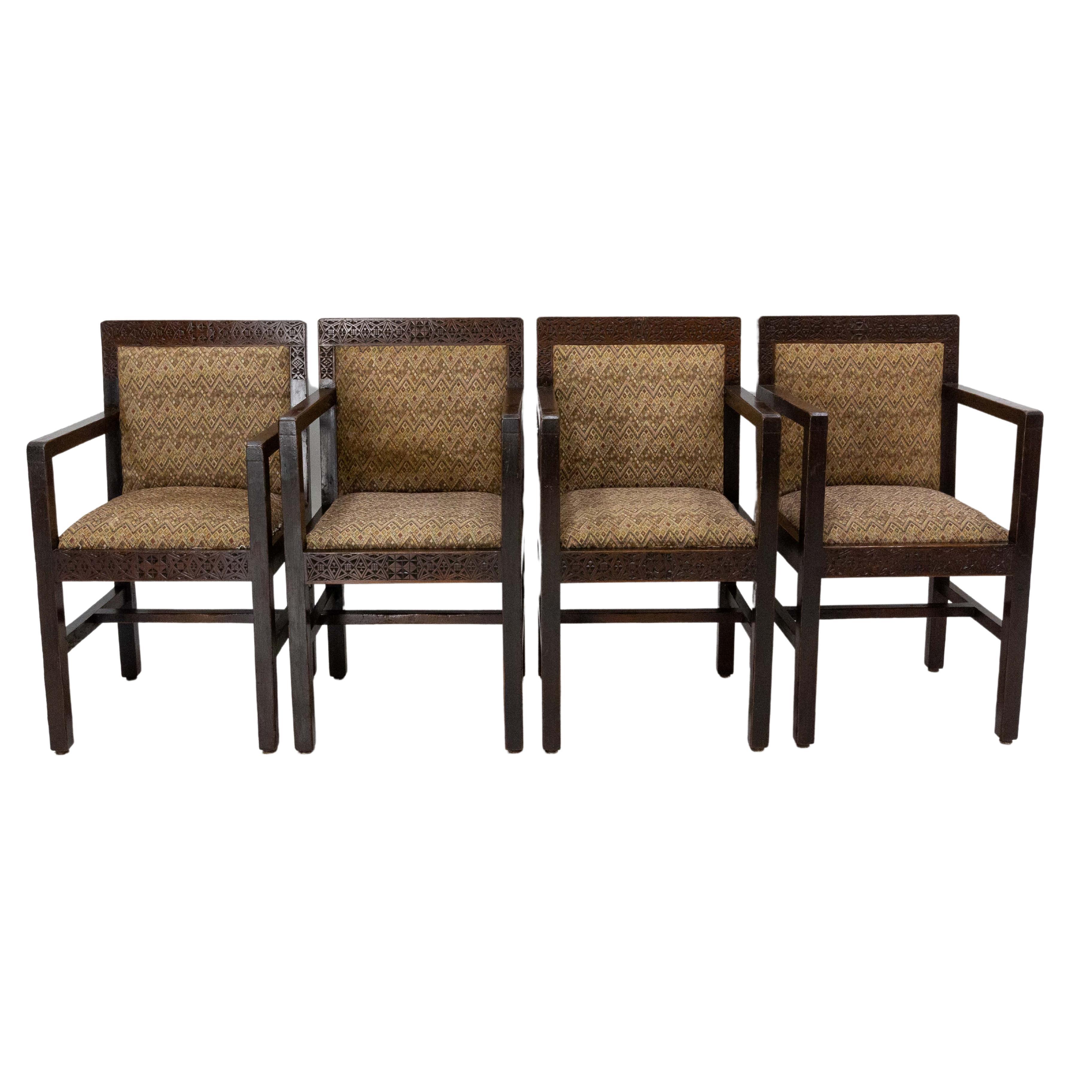 Four Moroccan Armchairs Art Deco circa 1930, Carved Pine For Sale