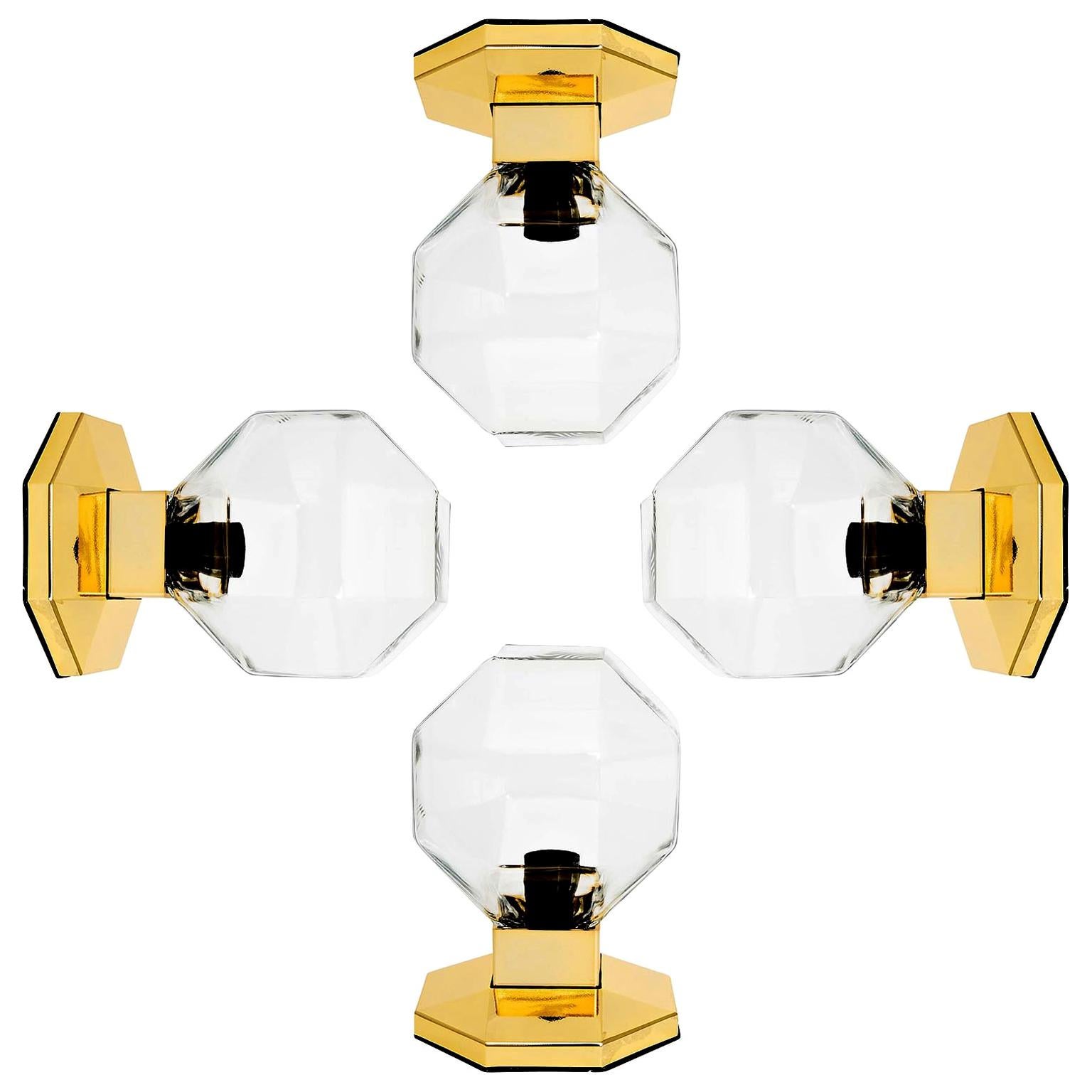 Four Motoko Ishii Brass Glass Table, Wall or Ceiling Lamps, Staff Leuchten, 1970