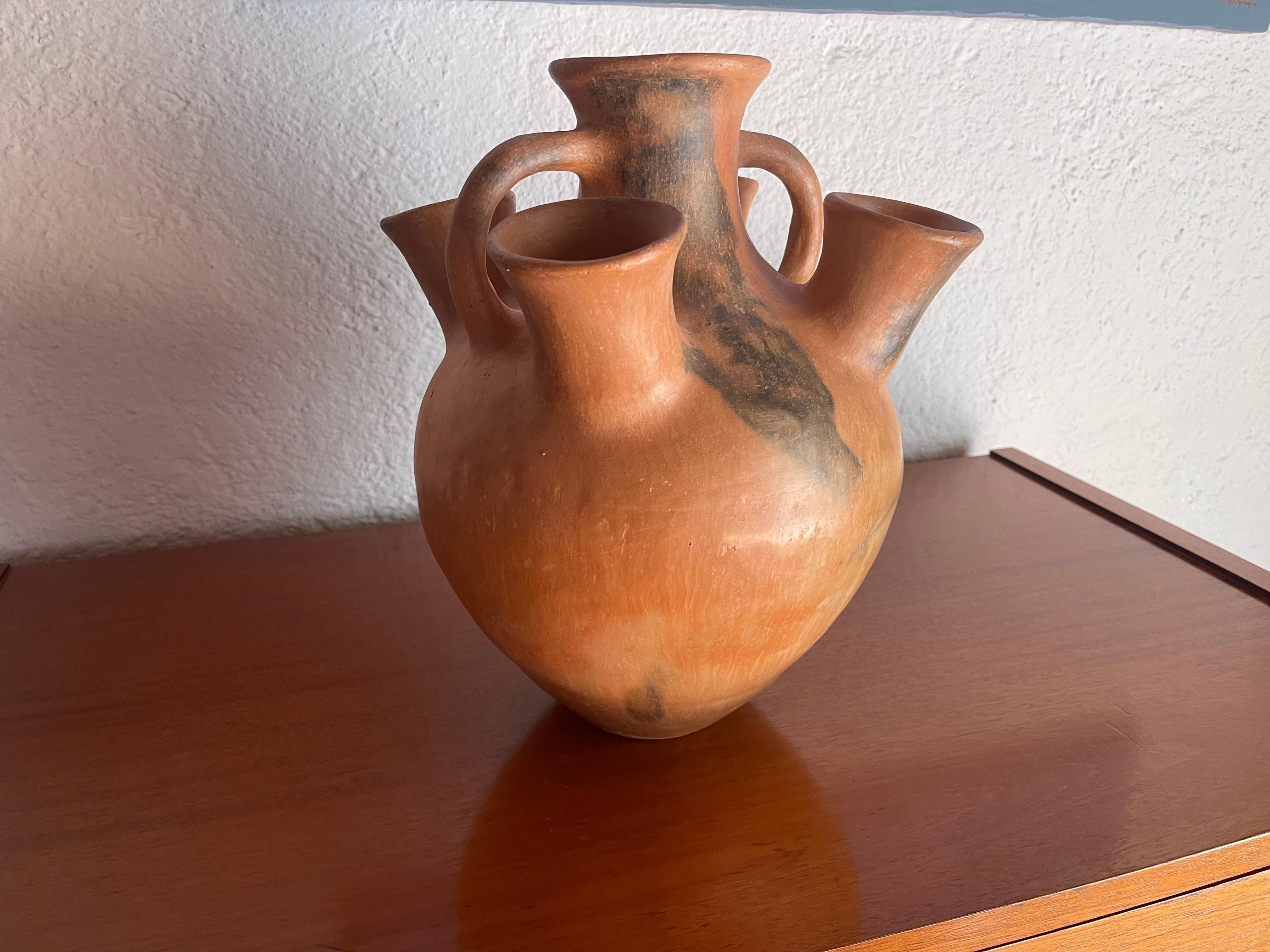 Hand-Crafted Four Mouth Rustic Mexican Vessel Handmade in Tlahuitoltepec Oaxaca Terracotta 