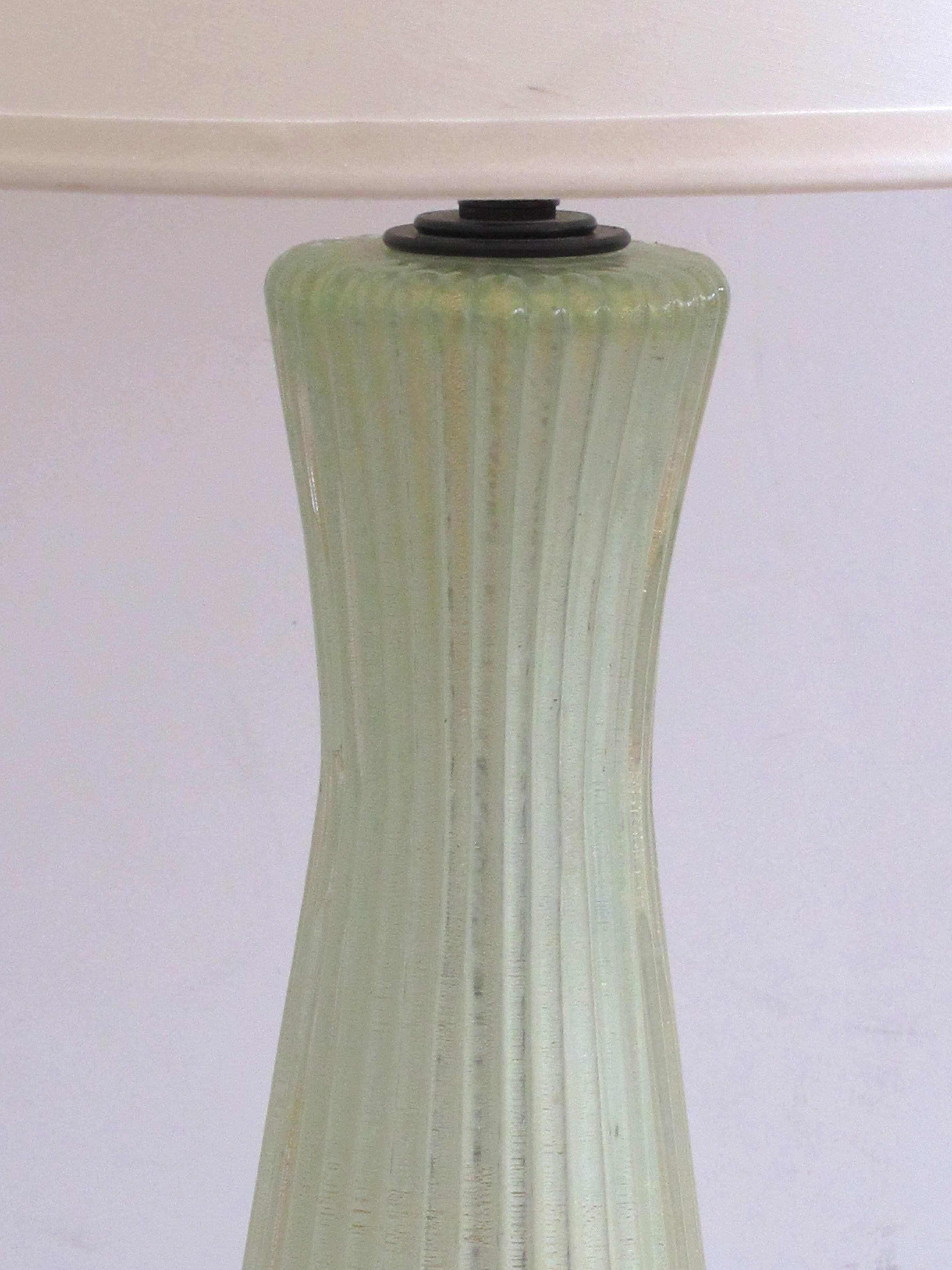 Mid-Century Modern Four Murano Celery-Green Ribbed Glass and Gold Aventurine Lamps; Barovier & Toso