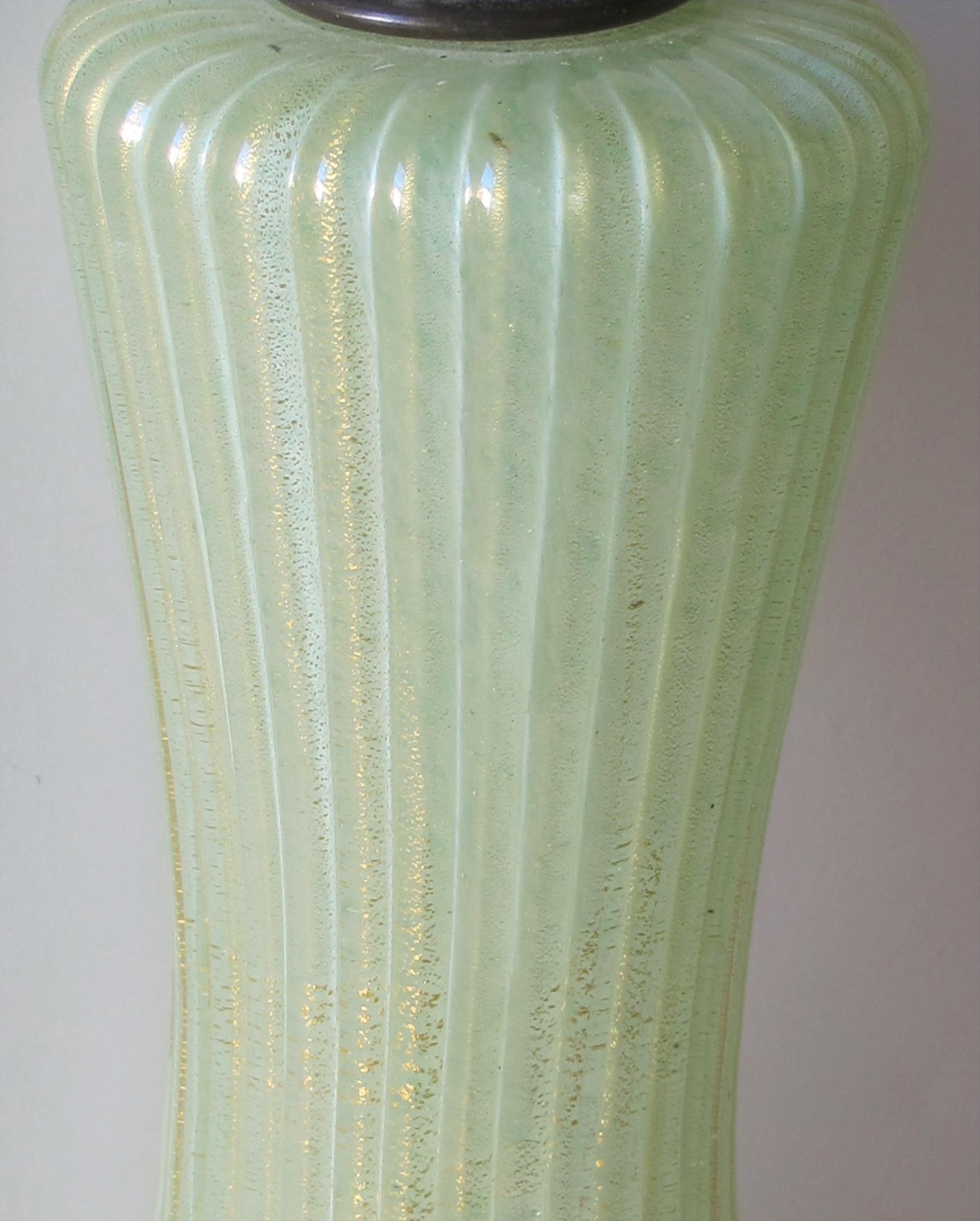 Italian Four Murano Celery-Green Ribbed Glass and Gold Aventurine Lamps; Barovier & Toso