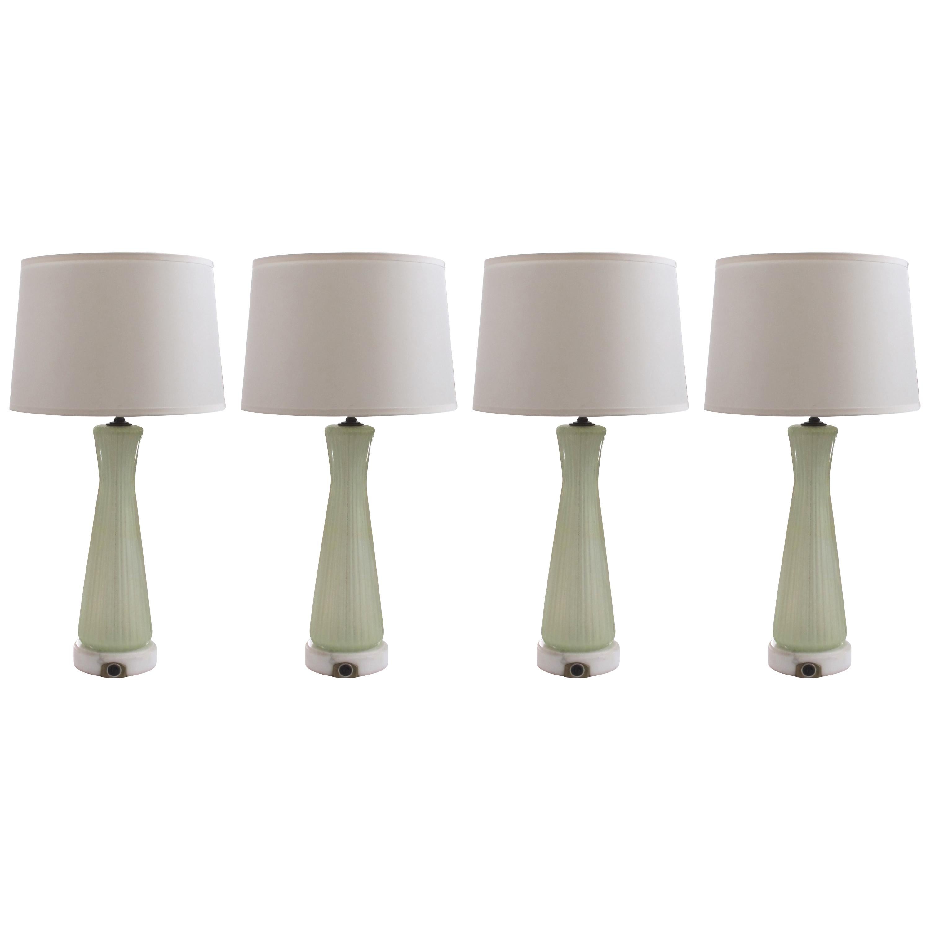 Four Murano Celery-Green Ribbed Glass and Gold Aventurine Lamps; Barovier & Toso