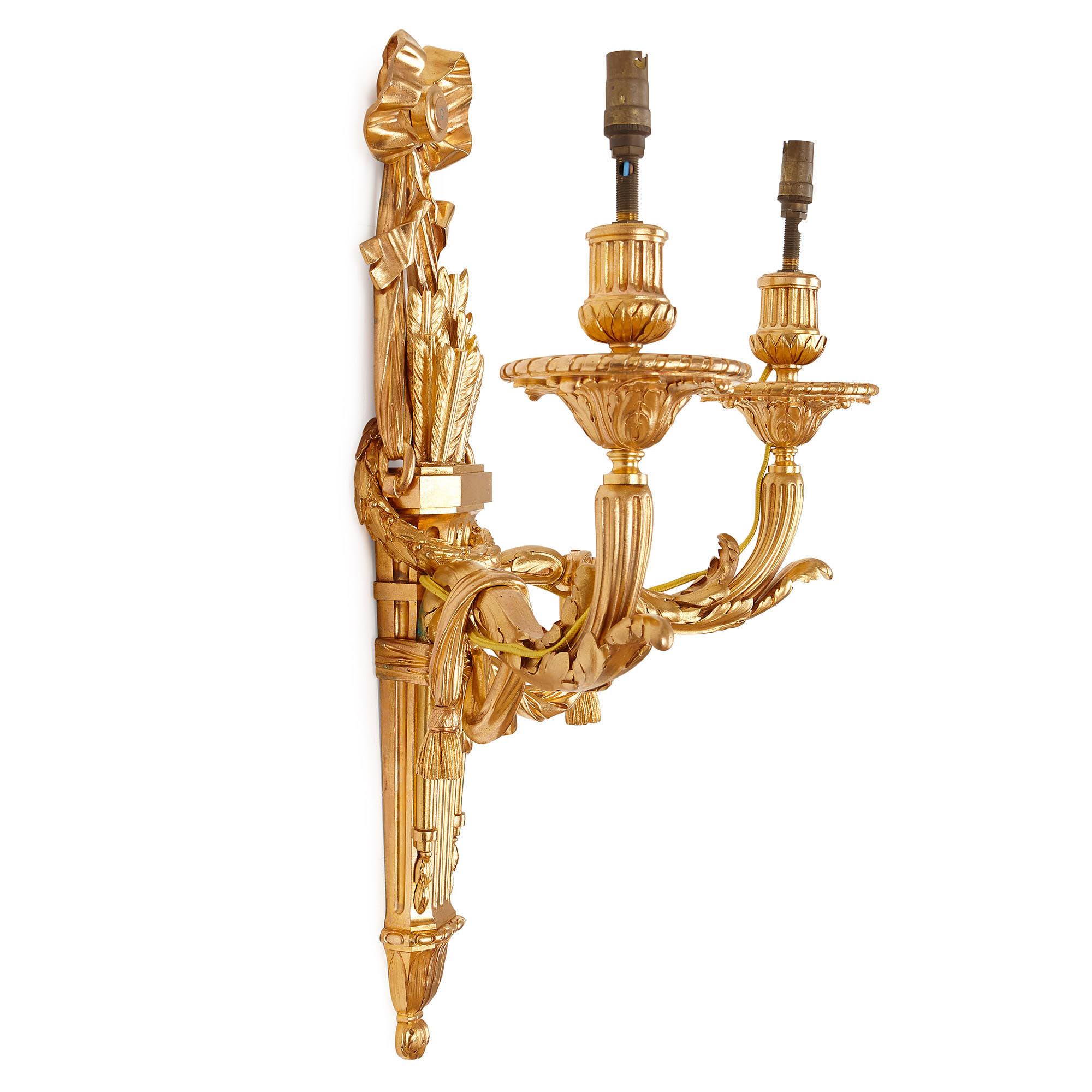 Louis XVI Four Neoclassical Style Gilt Bronze Two-Light Sconces For Sale