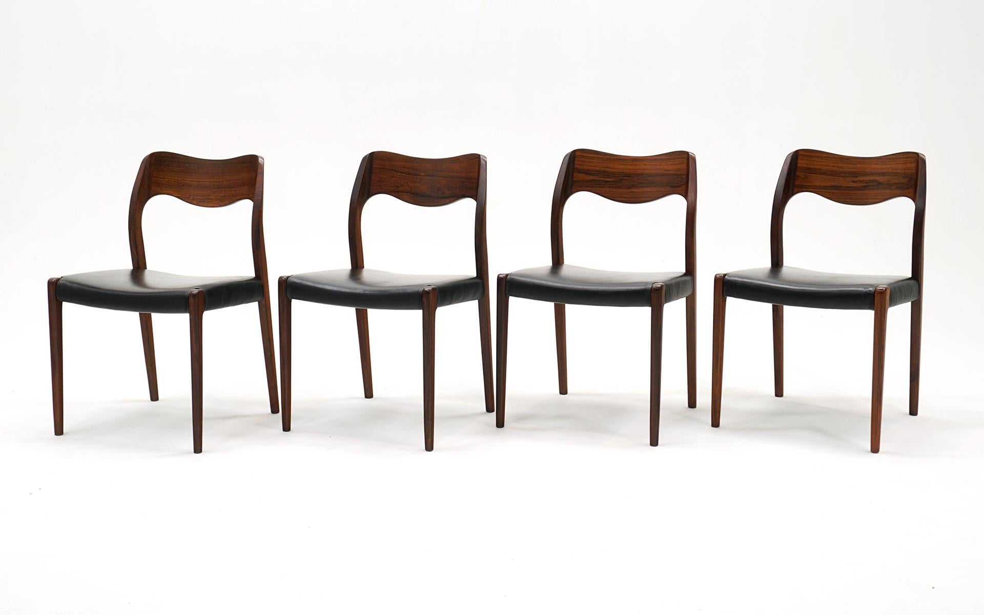 
Beautiful set of 4 Niels Otto Moller dining chairs in Brazilian rosewood with black leather upholstery.  These have been expertly refinished and reupholstered.  Classic and timeless mid century design.