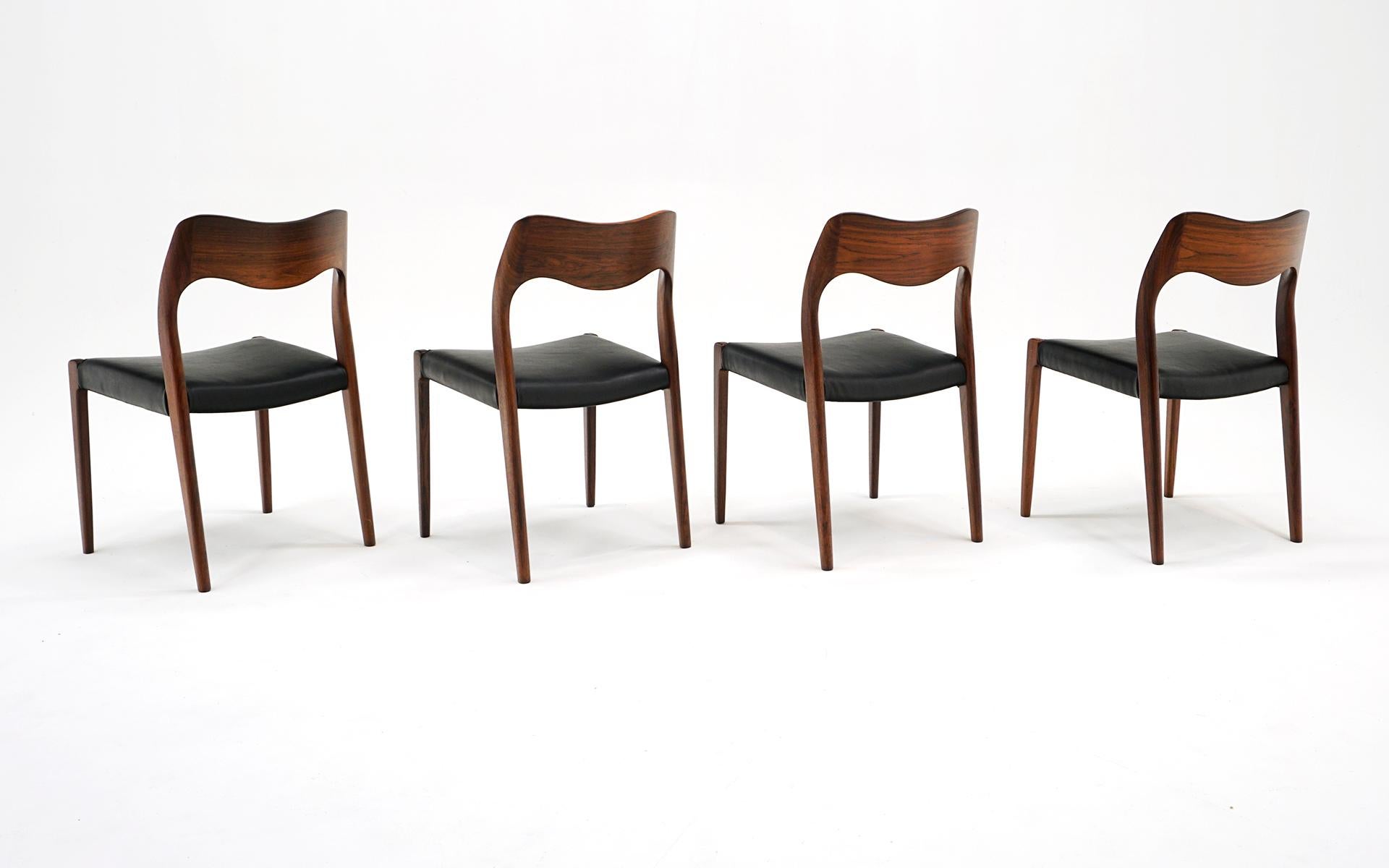 Danish Four Niels Moller Model 71 Dining Chairs in Rosewood and Black Leather. For Sale
