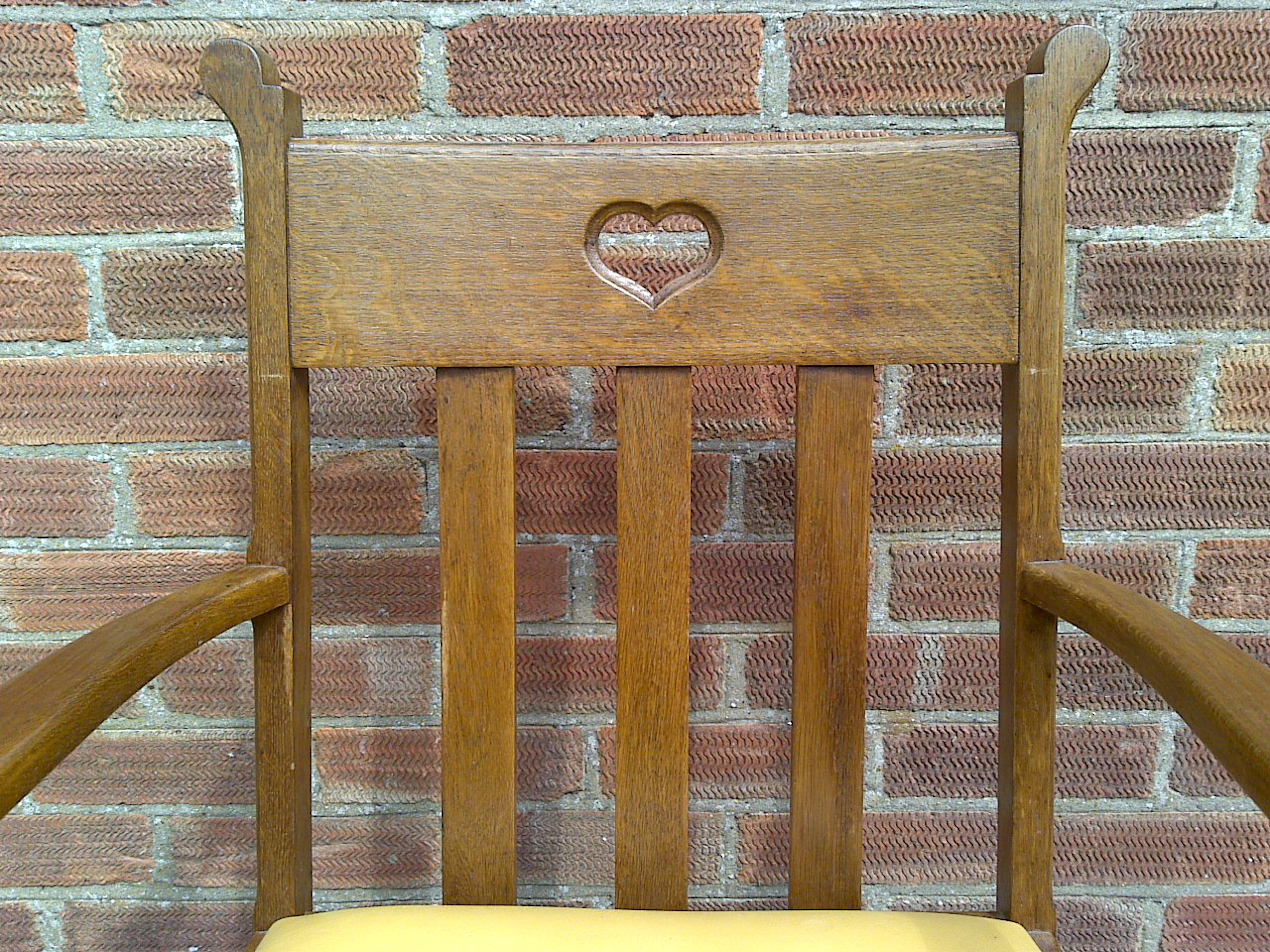 Pair Oak Armchairs, in the style of Liberty & Co with heart Cut-Out to the backs For Sale 3