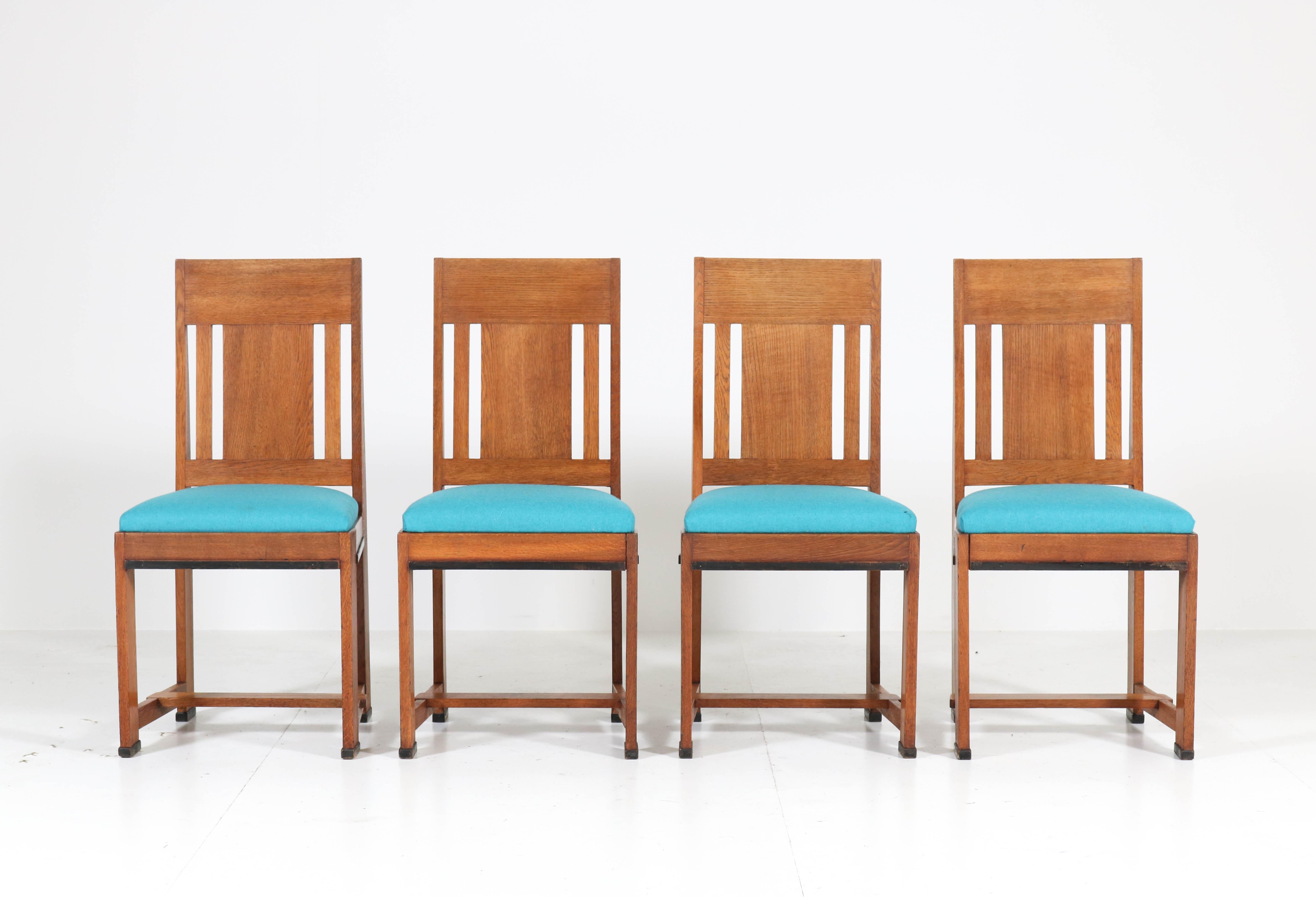 Fabric Four Oak Art Deco Haagse School Chairs by Jan Brunott, 1920s