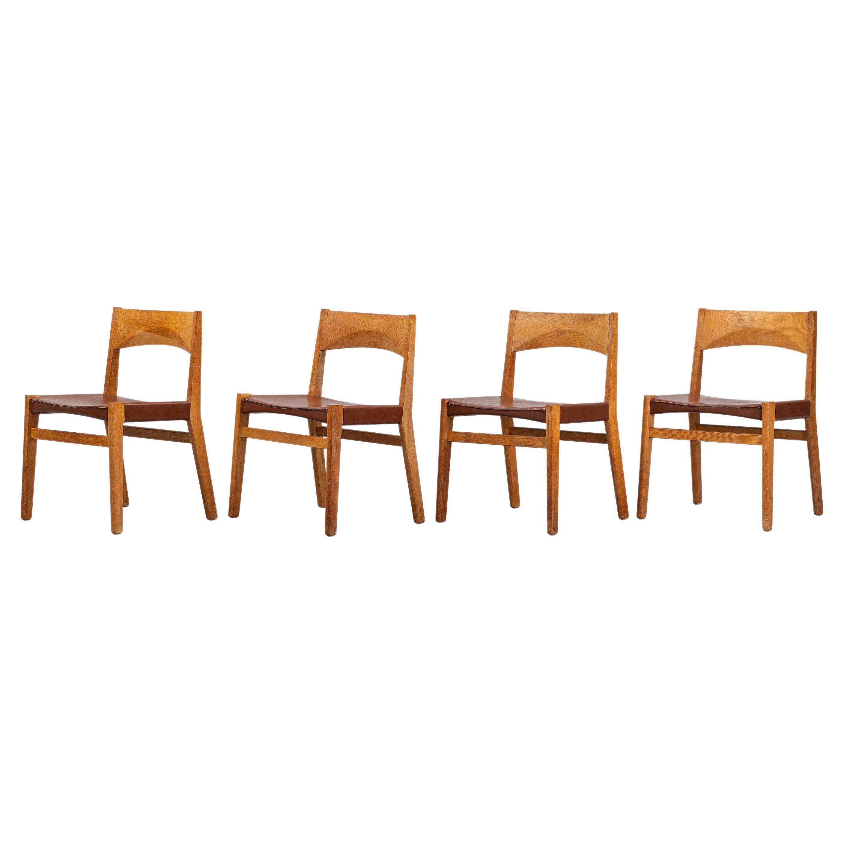 Four Oak Chairs with Leather Seat by John Vedel Rieper, Denmark, 1962