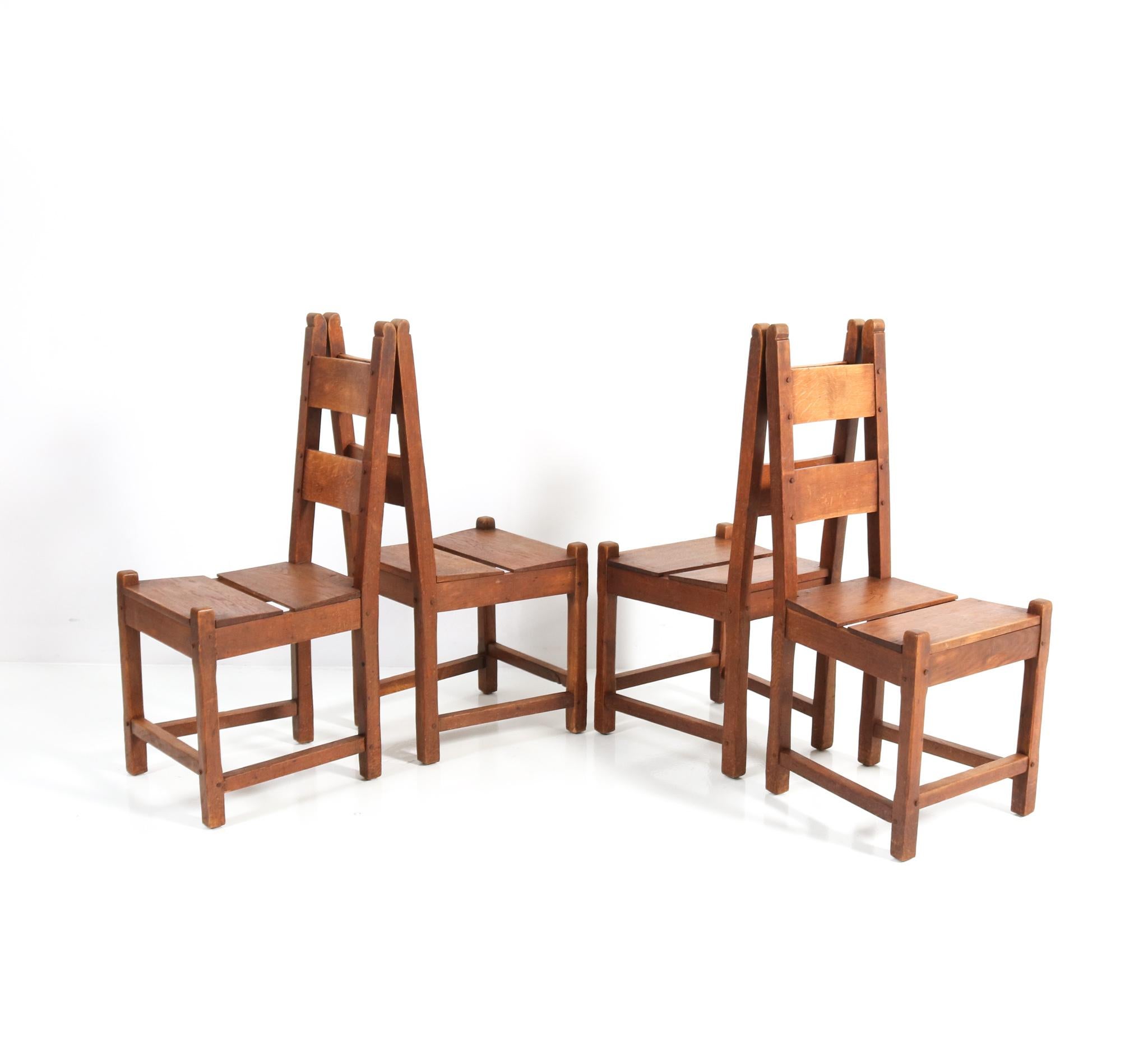 Dutch Four Oak Rustic Brutalist Chairs, 1940s For Sale