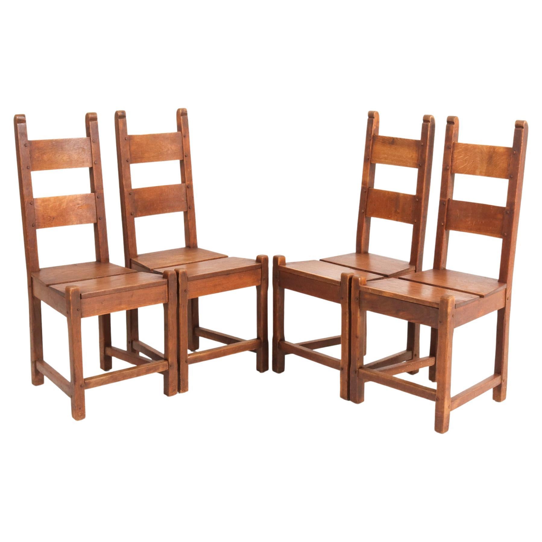 Four Oak Rustic Brutalist Chairs, 1940s For Sale