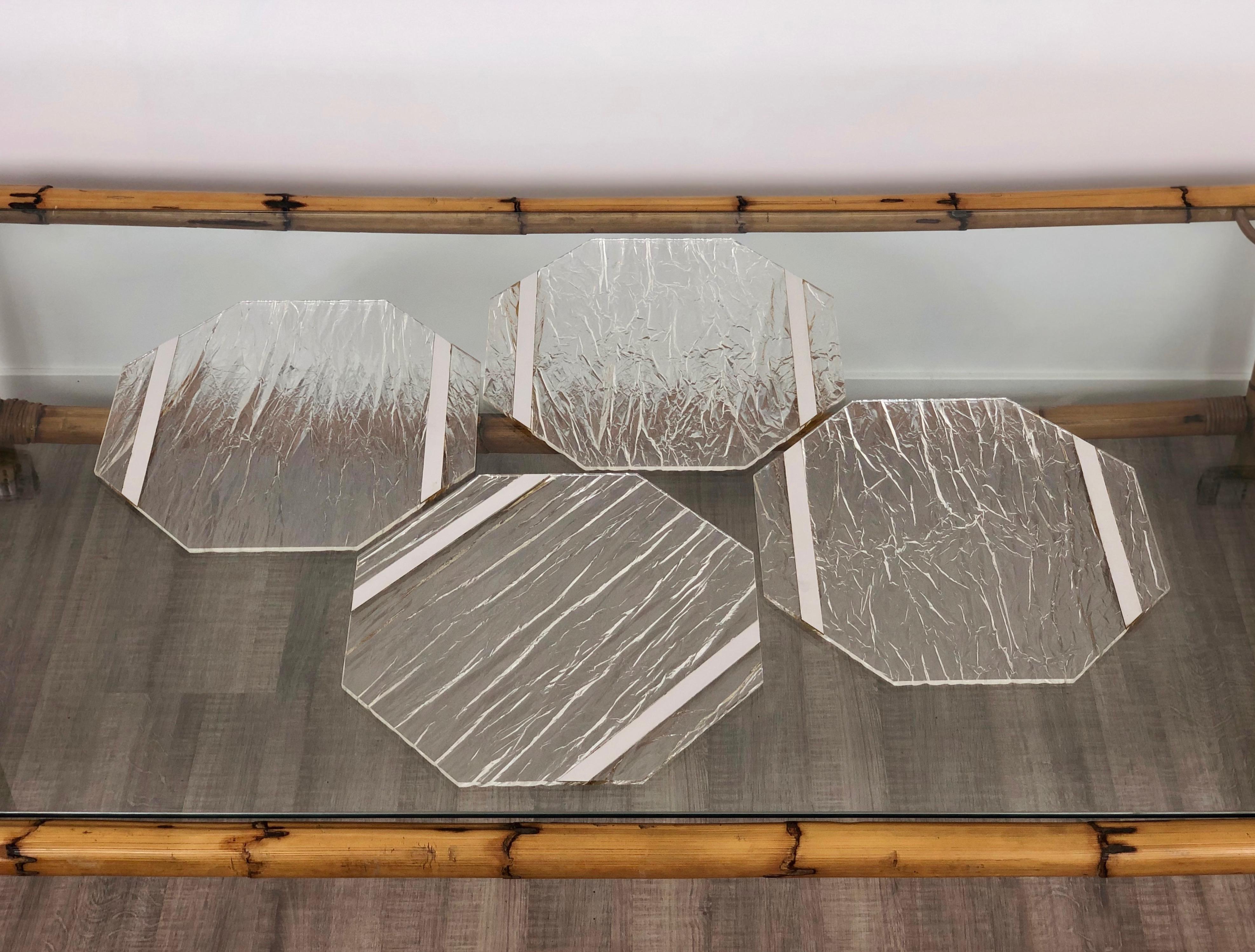 Italian Four Octagonal Placemats Chipped Ice effect Lucite and Steel Willy Rizzo Style For Sale