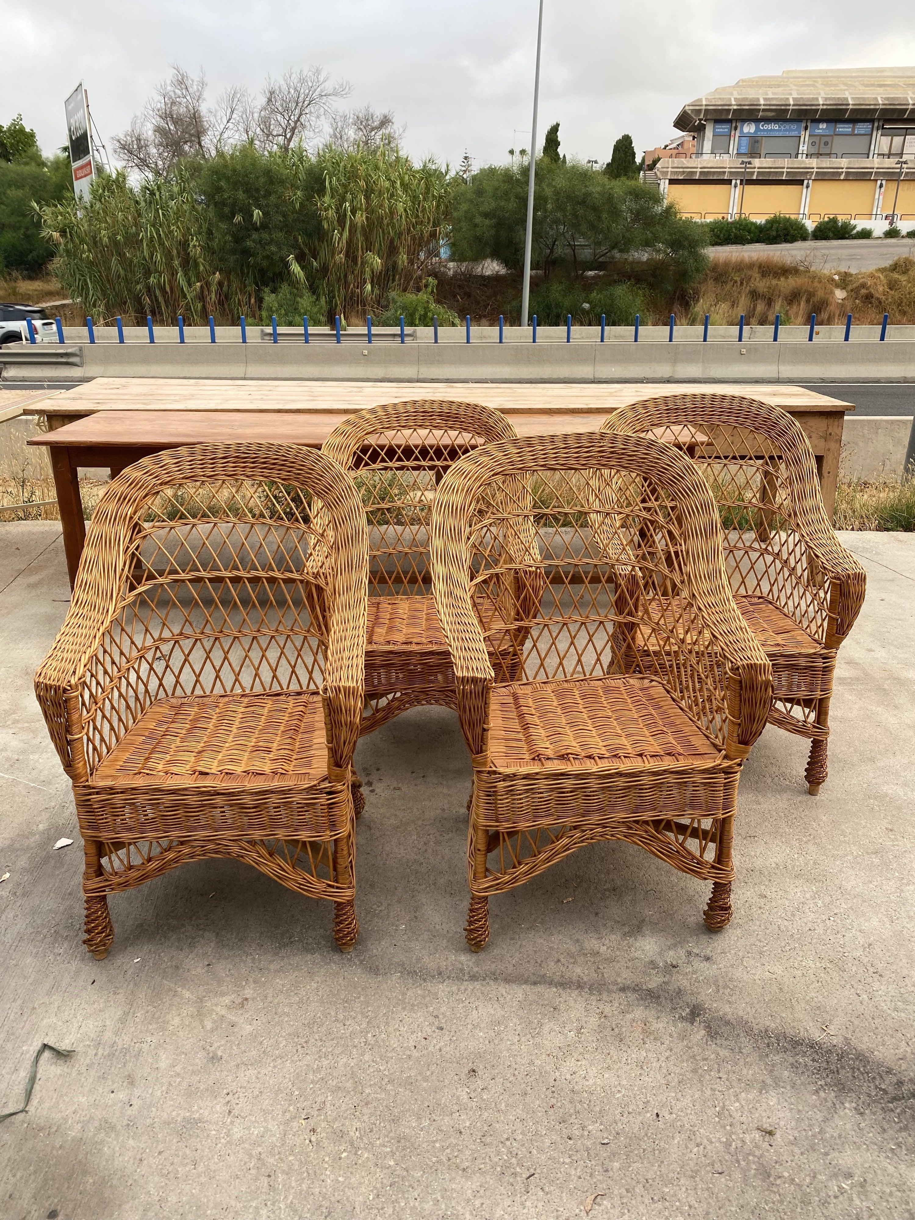 Four of 1970s Spanish Hand Woven Wicker Sofa Chairs 1