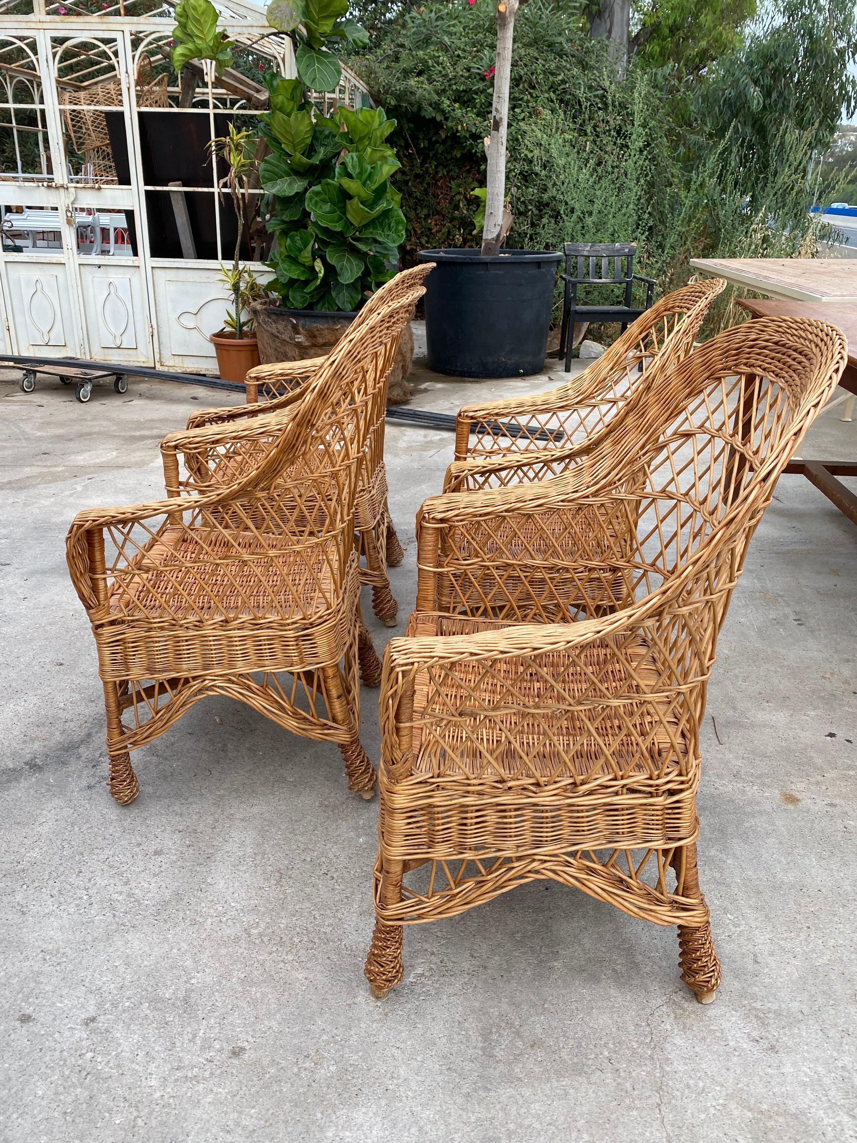 Four of 1970s Spanish Hand Woven Wicker Sofa Chairs 2