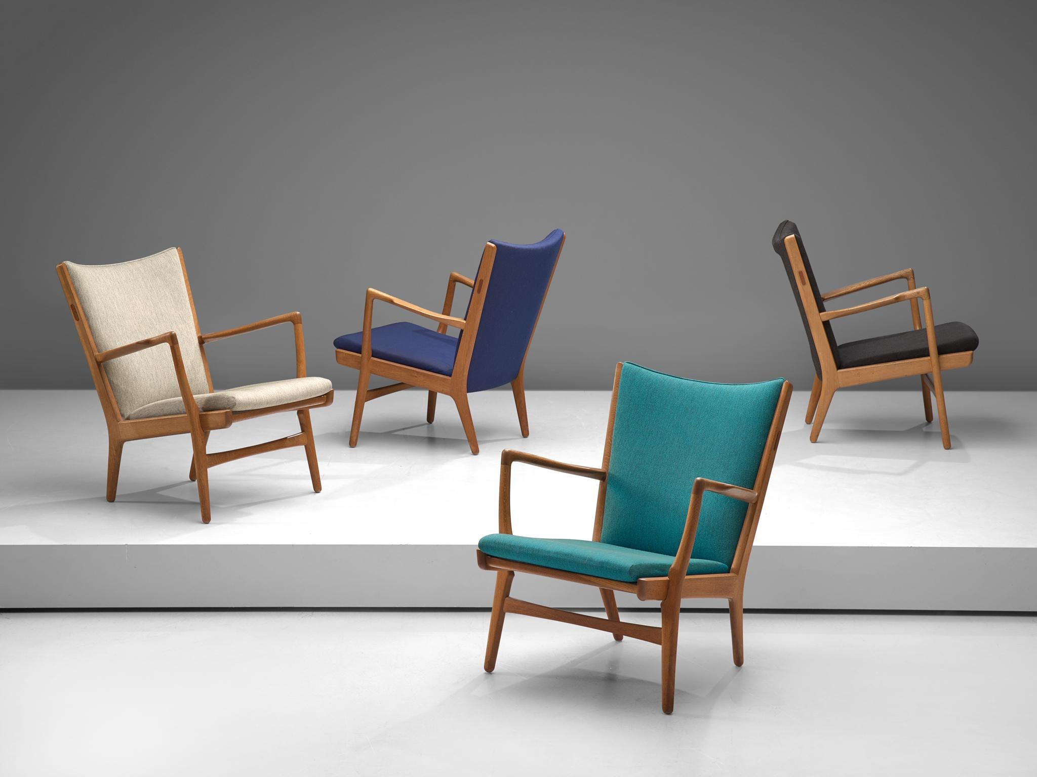 Hans J. Wegner for AP Stolen, 4 'AP-16' lounge chairs, fabric and oak, Denmark, 1951.

Set of four lounge chairs with oak frame designed by the Danish Hans J. Wegner. This model is produced by AP Stolen in small numbers and therefore not easy to