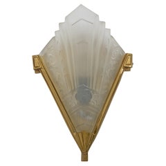 Four of Art Deco Pressed Glass and Brass Sconces, France, 1930s