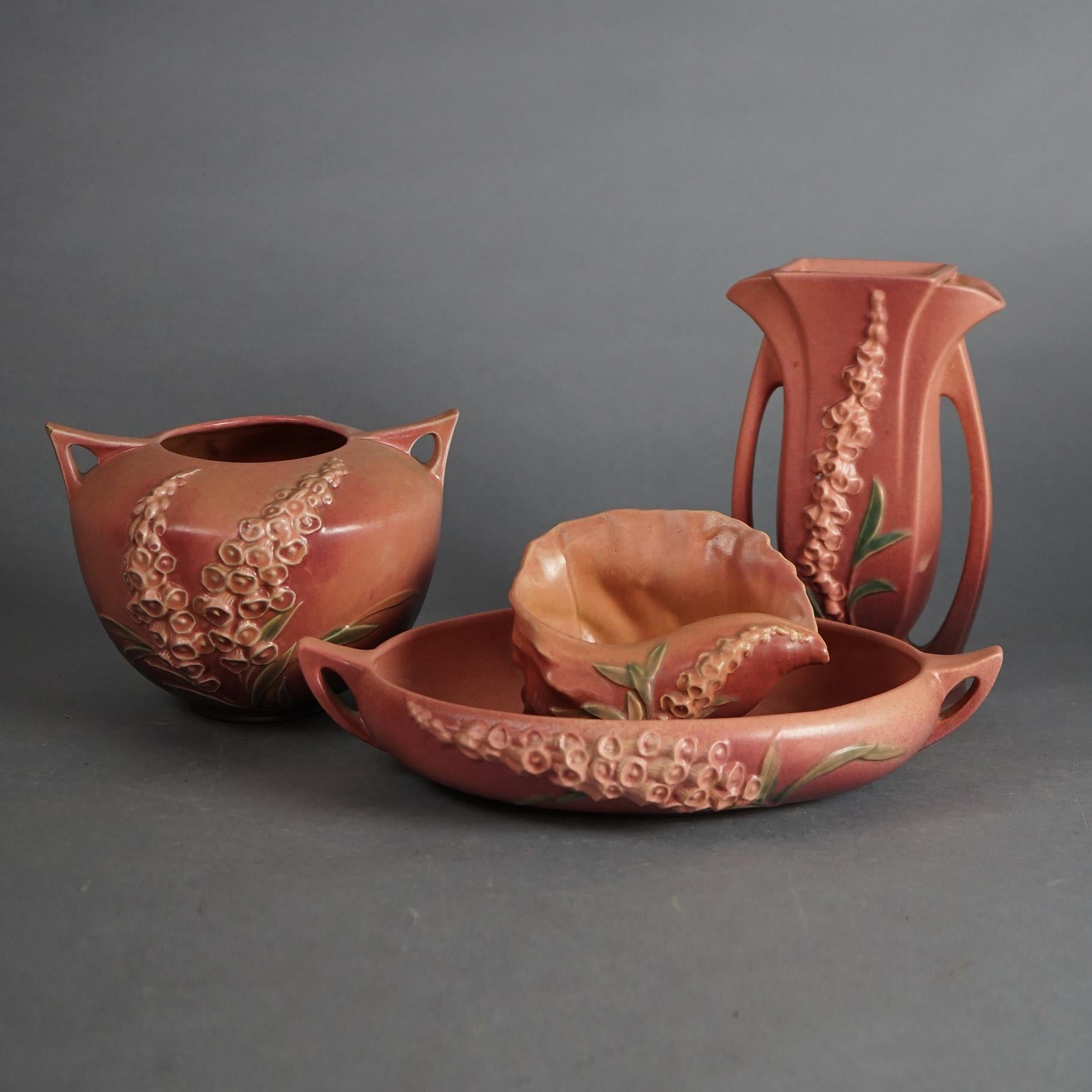 Four of Pink Roseville Pottery in the Foxglove Pattern Mid 20thC 1