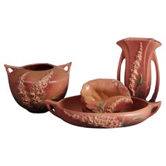 Four of Pink Roseville Pottery in the Foxglove Pattern Mid 20thC