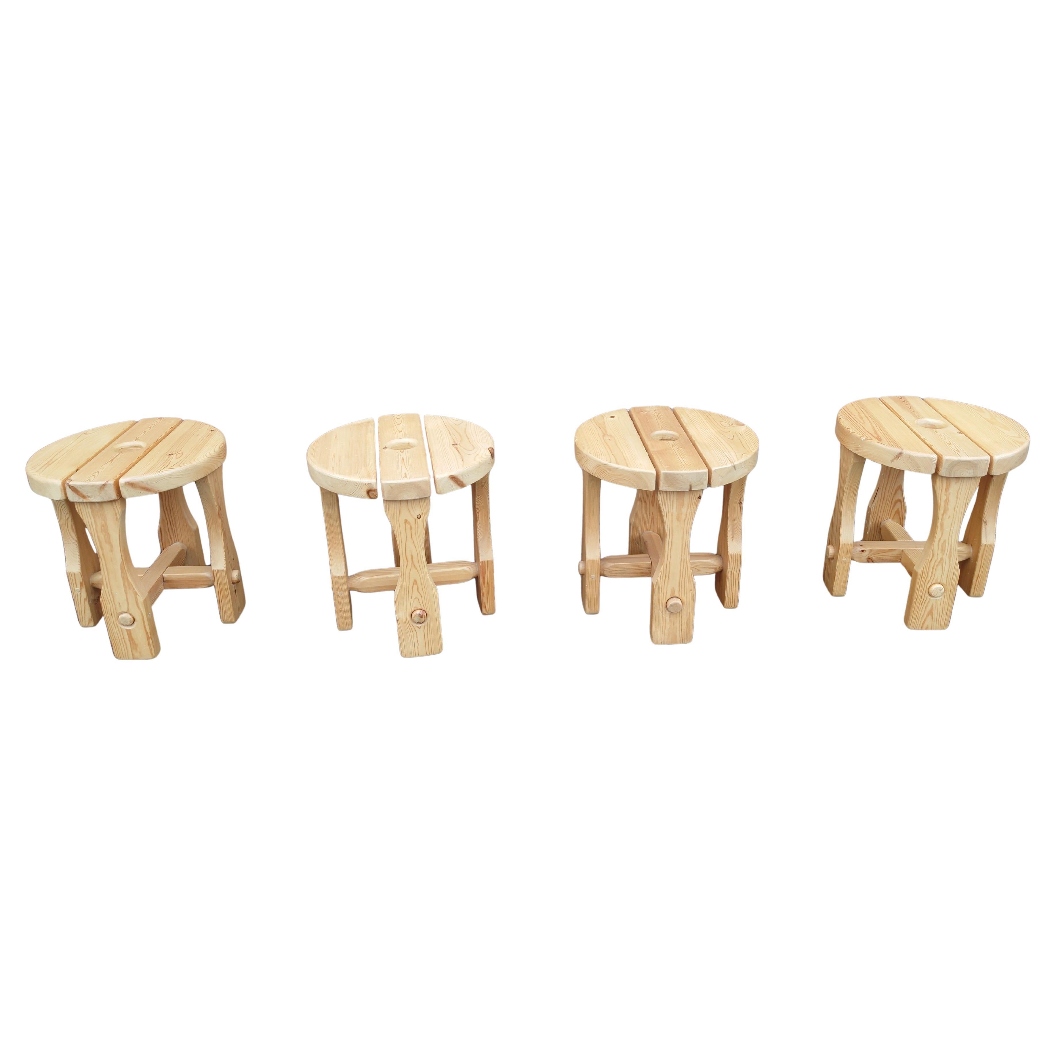 Four of Swedish 1970s solid pine Stools Mid-Century Modern Design