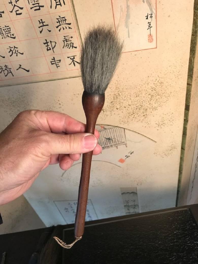 Wood Four Old Japanese and Chinese Ink Wash Painting Calligraphy Brushes, Rare Find