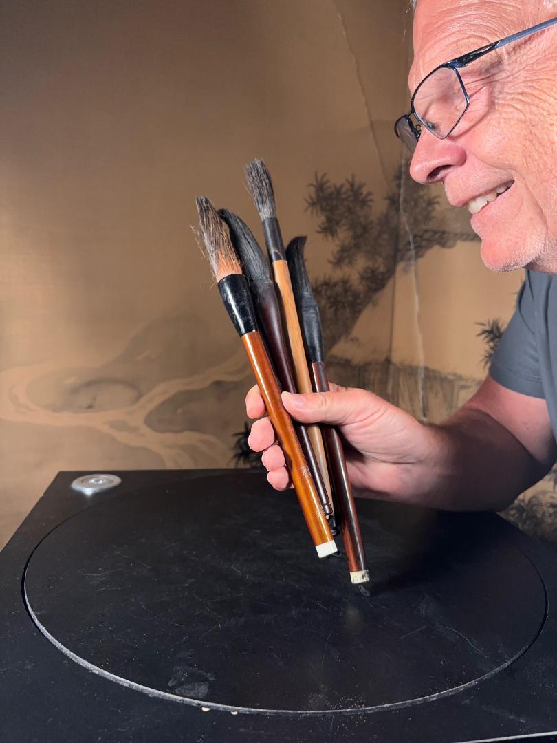 Here's a rare find from a collector we recently visited in Japan. 

These four large-scale Japanese and Chinese calligraphy wooden ink wash painting brushes come from a an old artists collection. They are seldom found today having been extensively