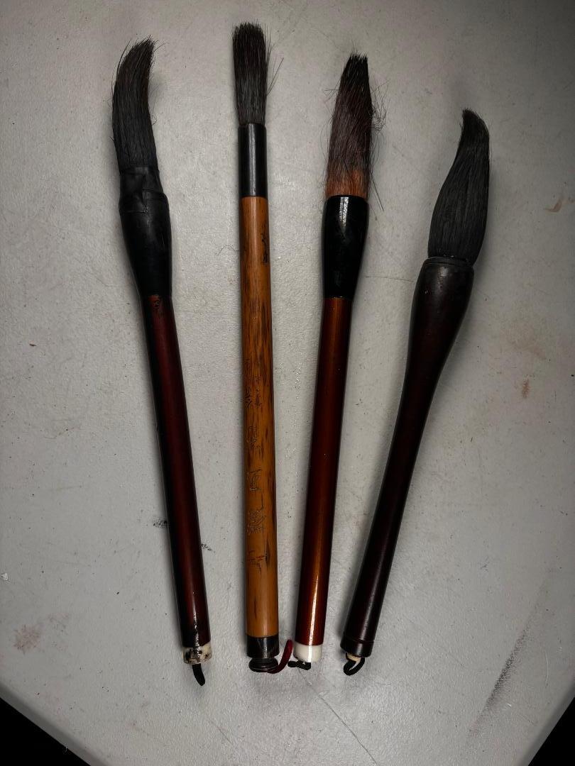 Showa Four Old Japanese and Chinese Ink Wash Painting Calligraphy Brushes, Rare Find