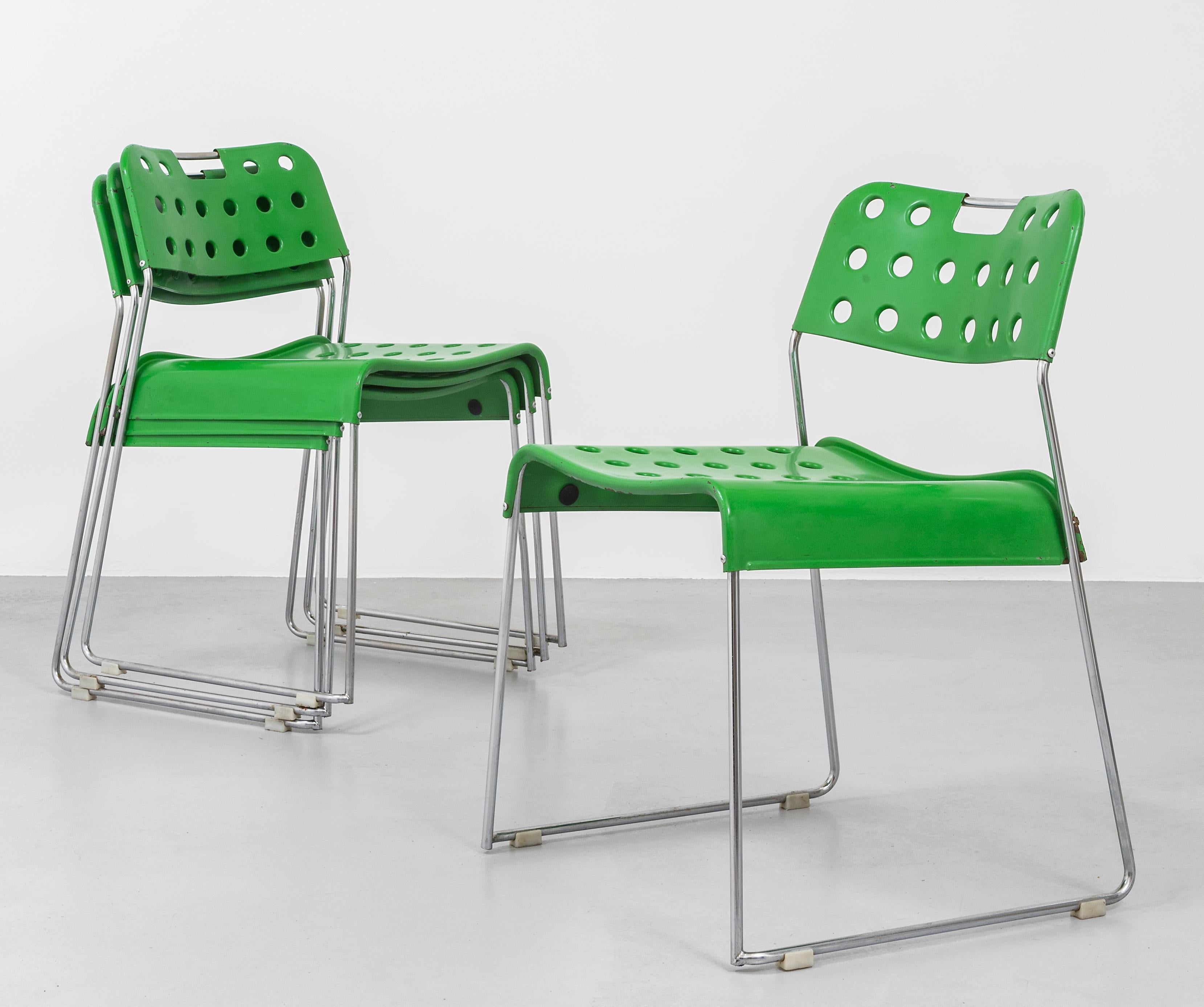 Four Omstak Metal Green Chairs, Rodney Kinsman, Italy, Mid-Century Modern For Sale 5