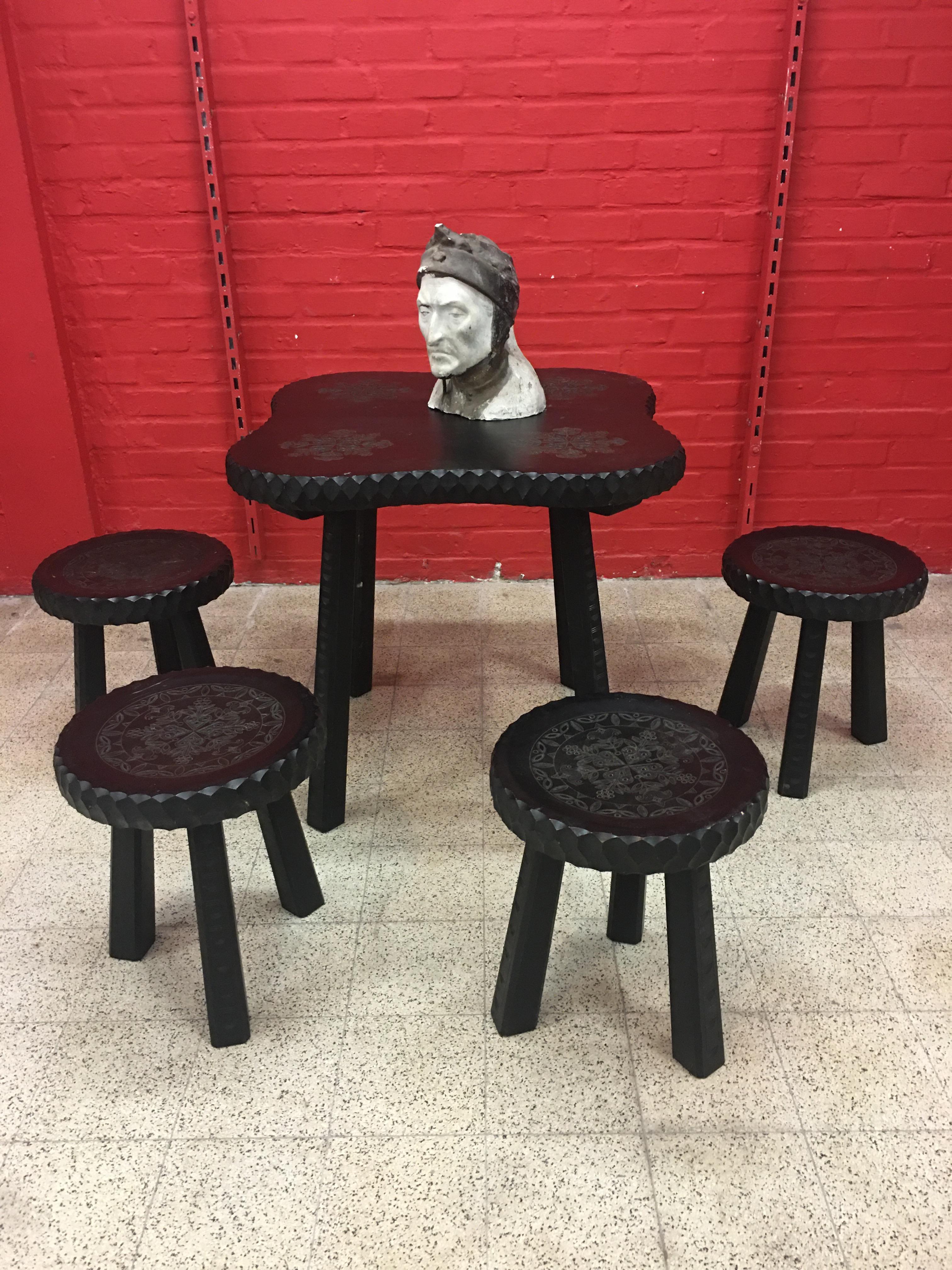 Four Organic Stools in Blackened Wood, circa 1950-1960 For Sale 6