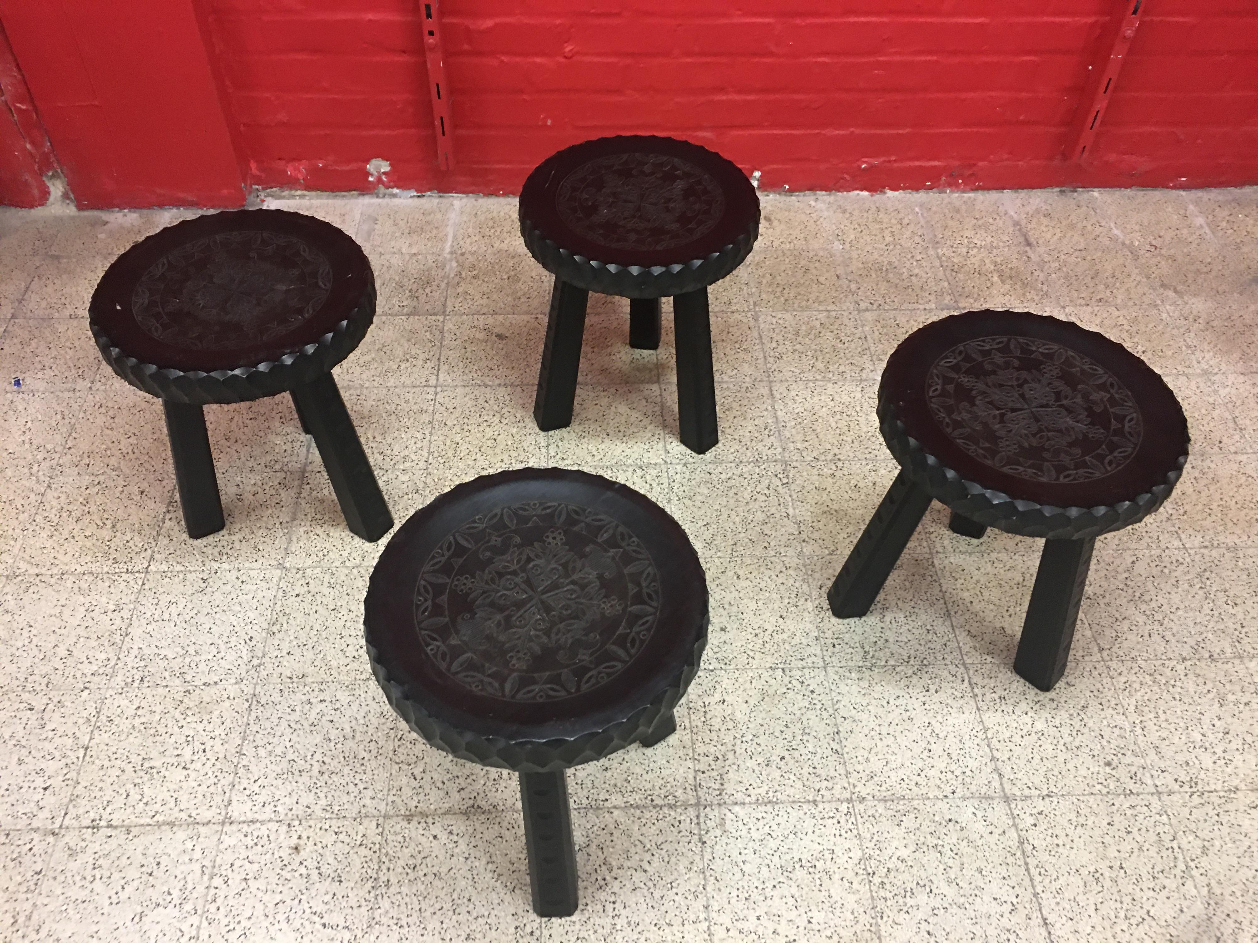 Mid-20th Century Four Organic Stools in Blackened Wood, circa 1950-1960 For Sale