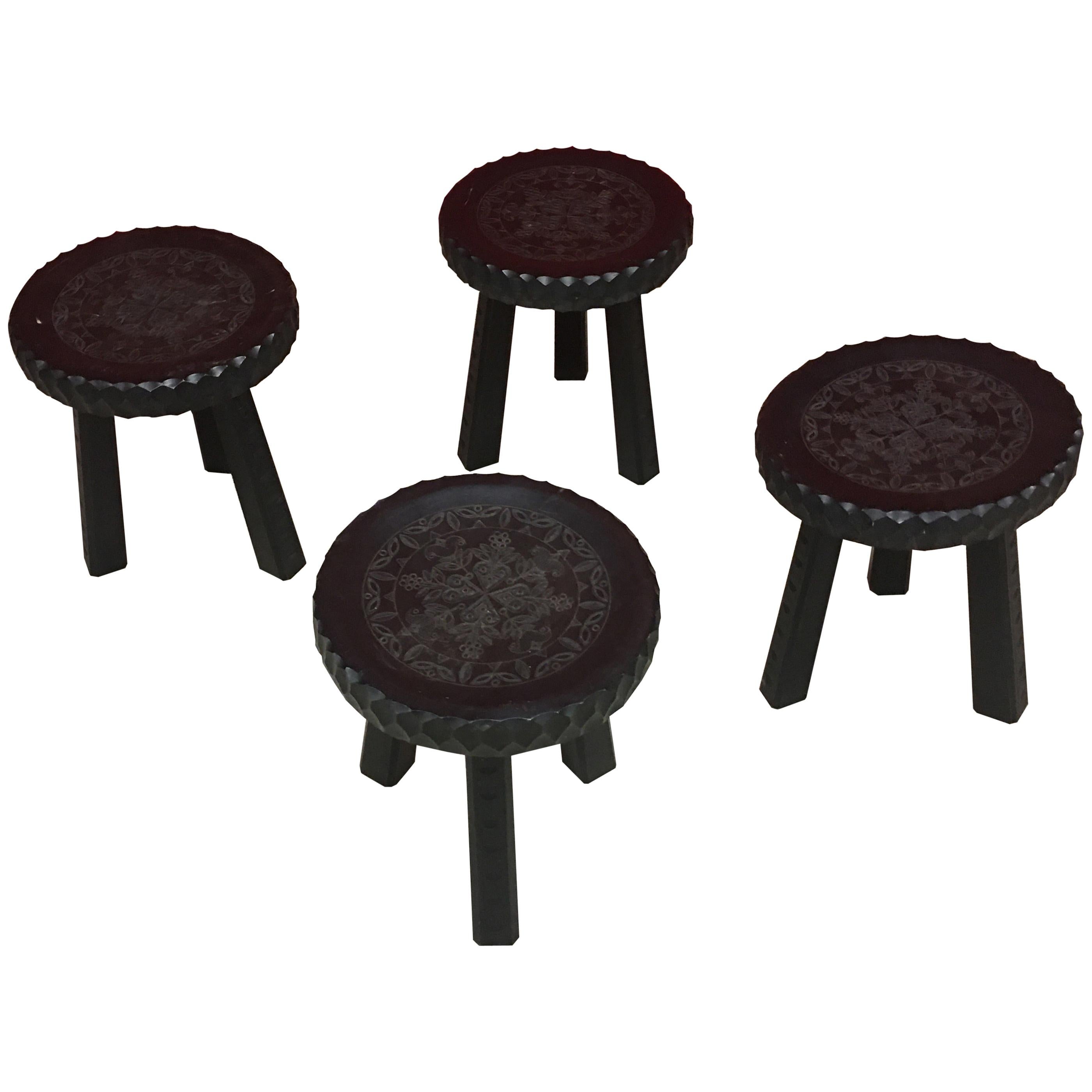 Four Organic Stools in Blackened Wood, circa 1950-1960 For Sale