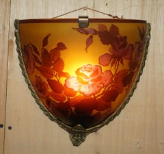FOUR ORIGINAL FRENCH EMILE GALLE CAMEO GLASS & BRASS WALL MOUNTED SCONCES LIGHTs