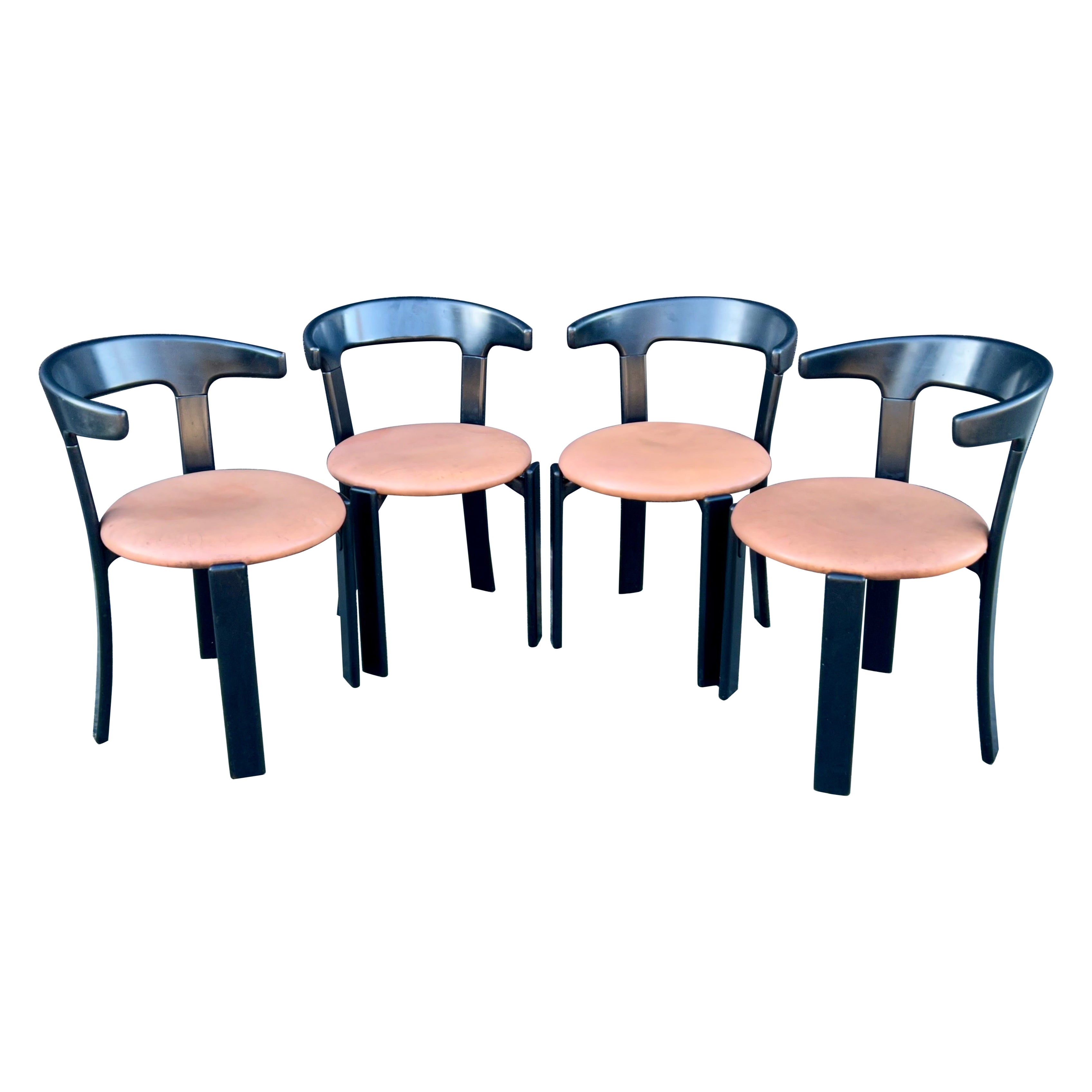 Four Original Lacquered Wood + Leather Dinning Chairs Bruno Rey for Stendig For Sale