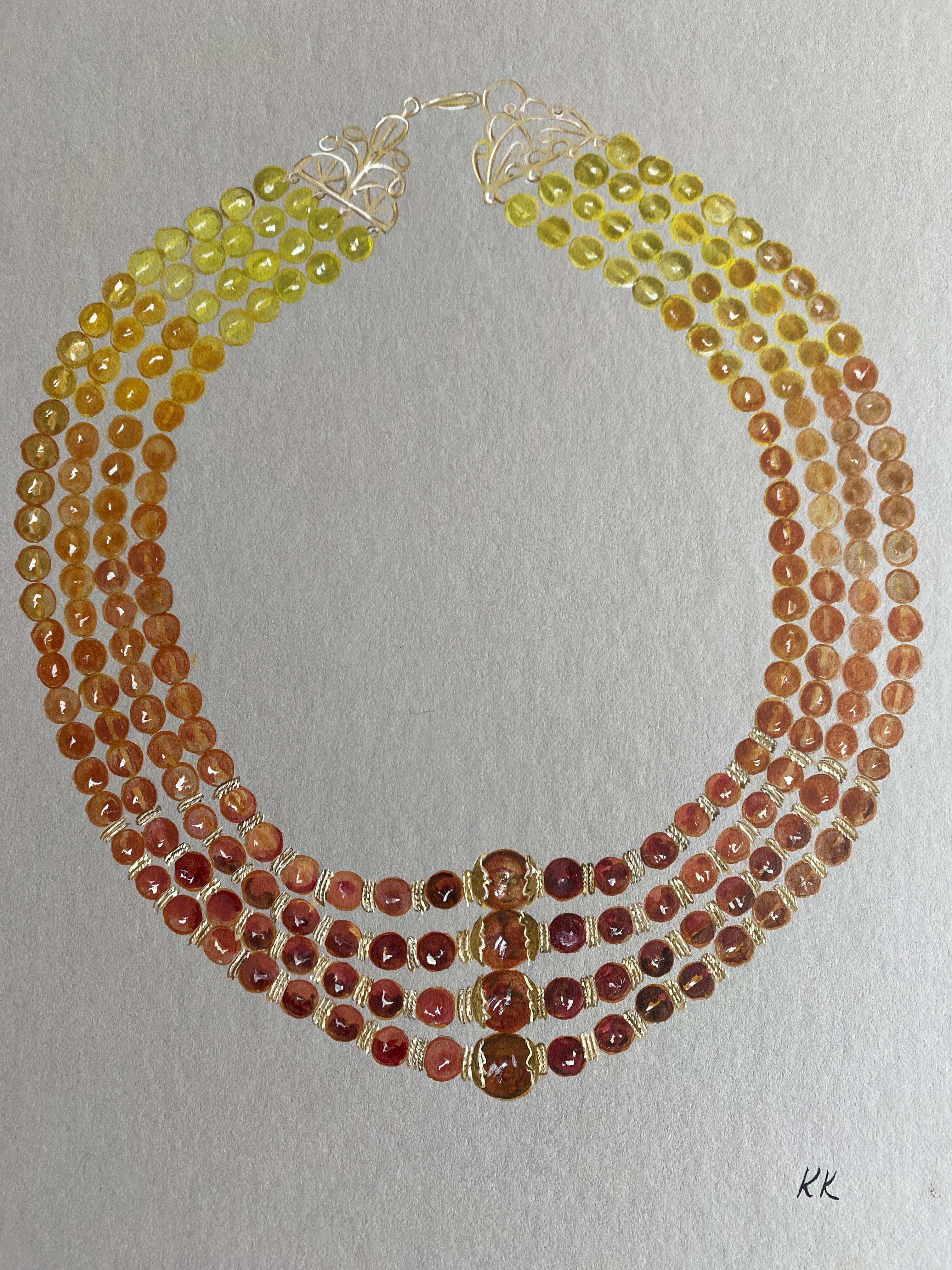Watercolor on board, each rendered in vibrant color and detail. Each necklace formed part of the Aristocratic Collection sold here in 2007. Actual necklaces are sold. We're featuring the designs only: 

Clockwise: Ekaterina: depicting Russian amber