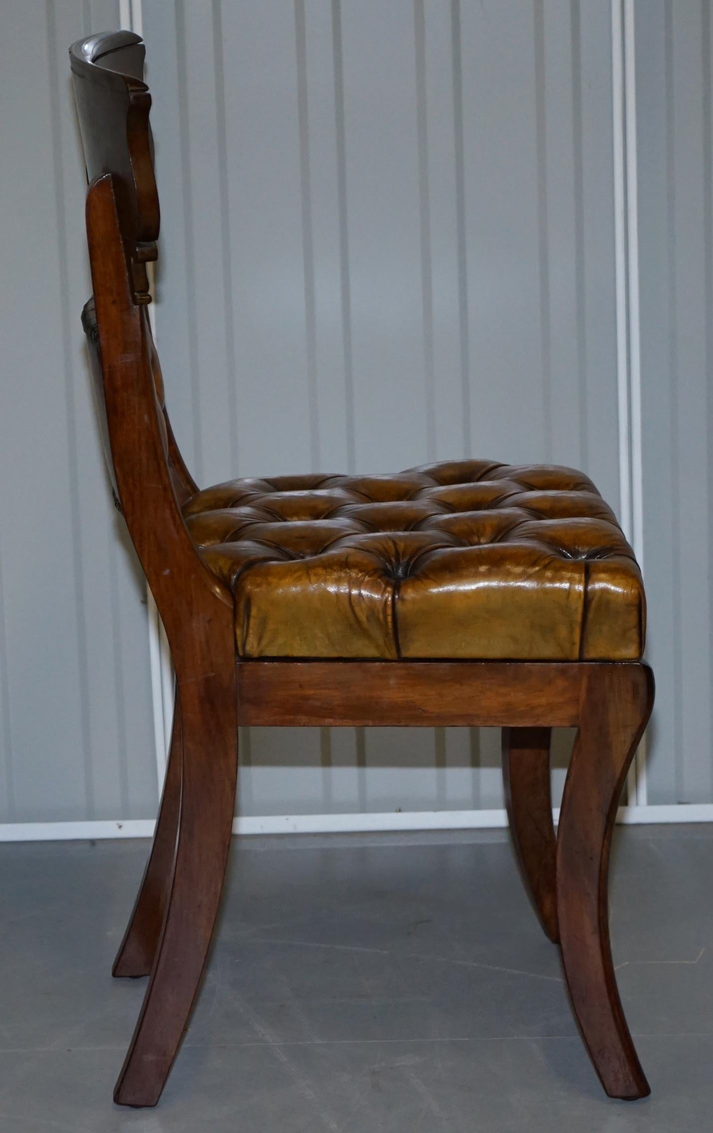 Four Original Regency Walnut Restored Chesterfield Brown Leather Dining Chairs For Sale 4