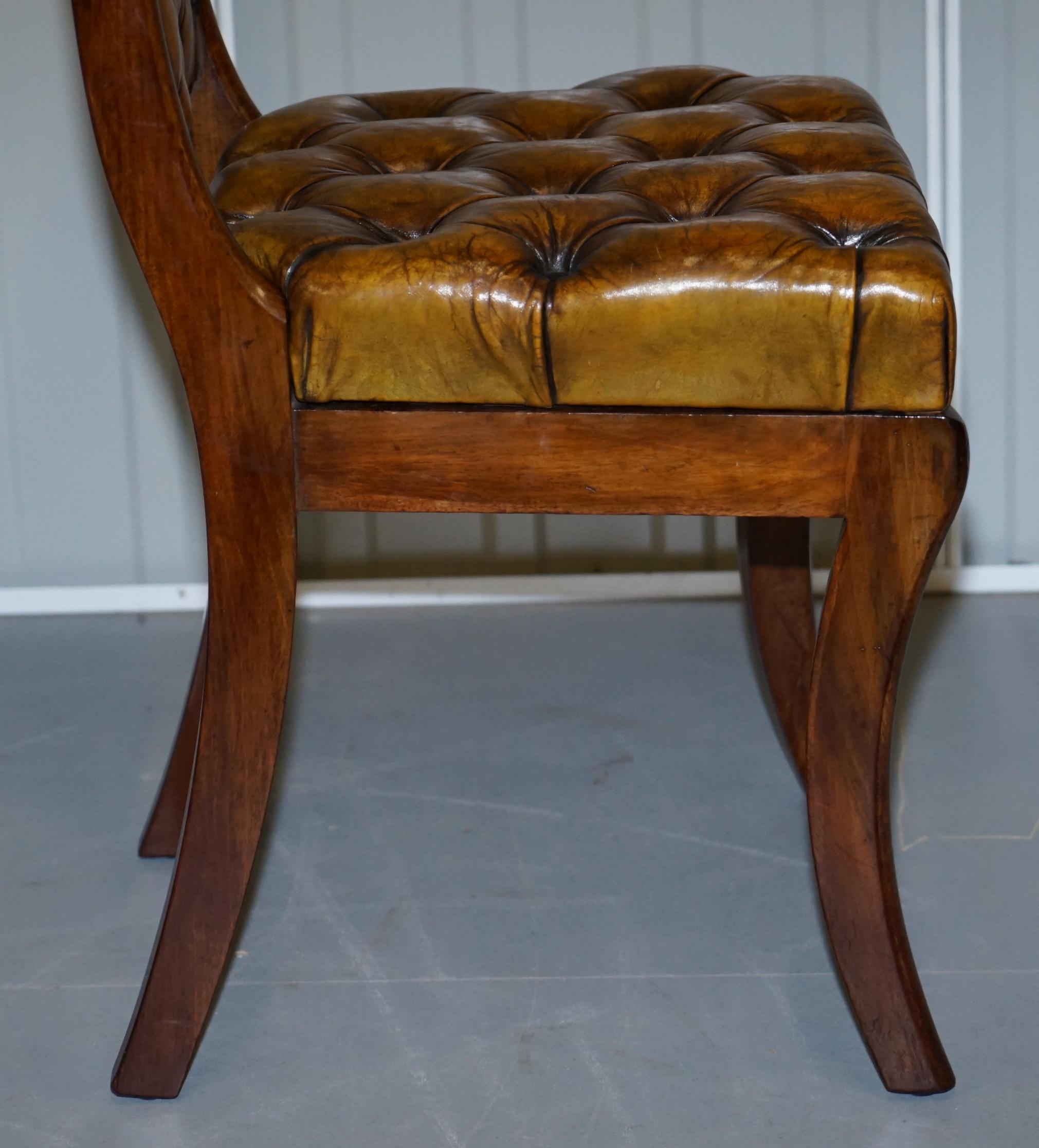 Four Original Regency Walnut Restored Chesterfield Brown Leather Dining Chairs For Sale 5