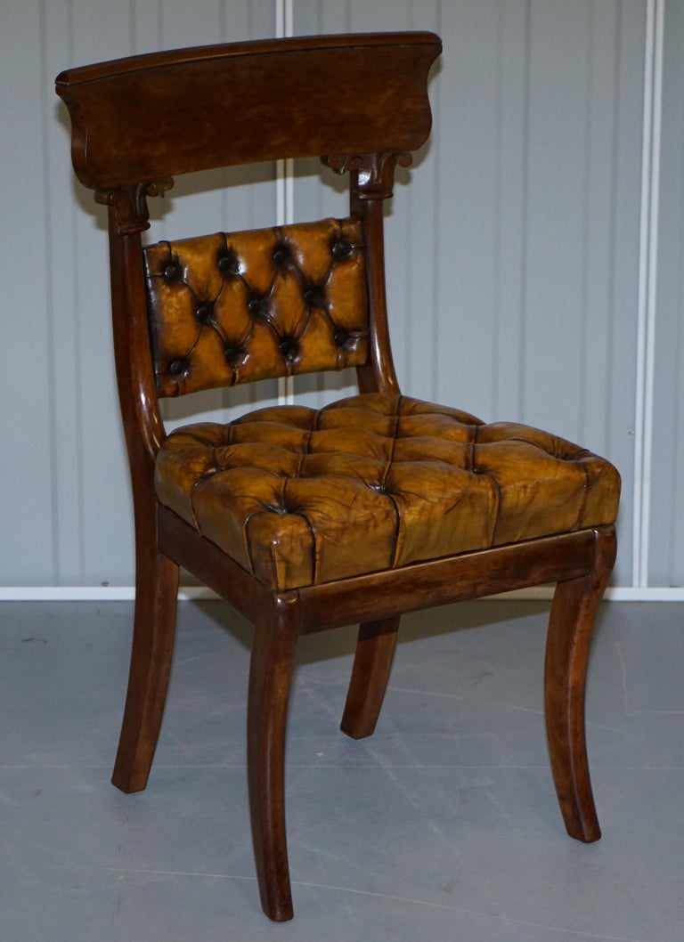 Four Original Regency Walnut Restored Chesterfield Brown Leather Dining