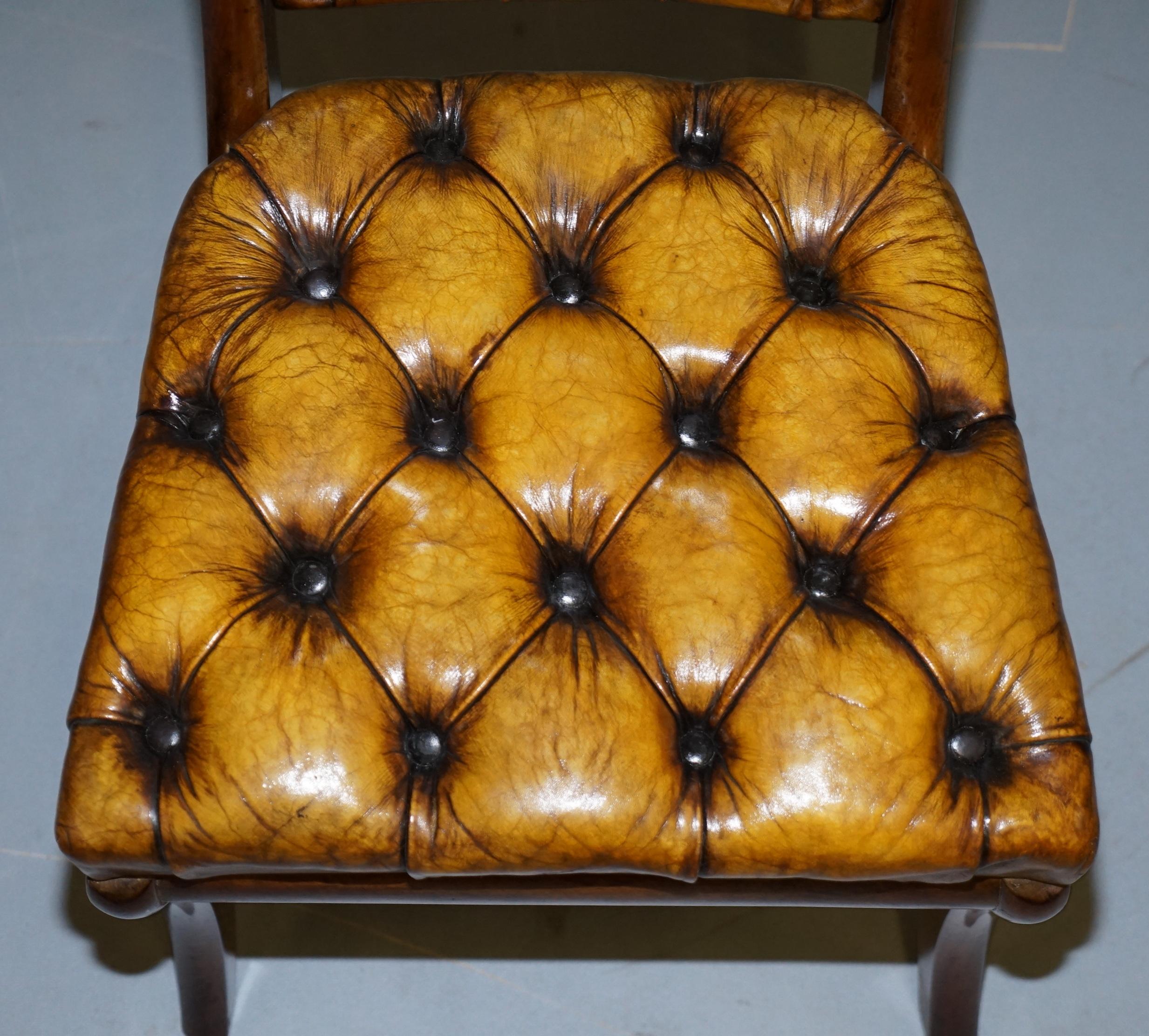 Four Original Regency Walnut Restored Chesterfield Brown Leather Dining Chairs For Sale 7