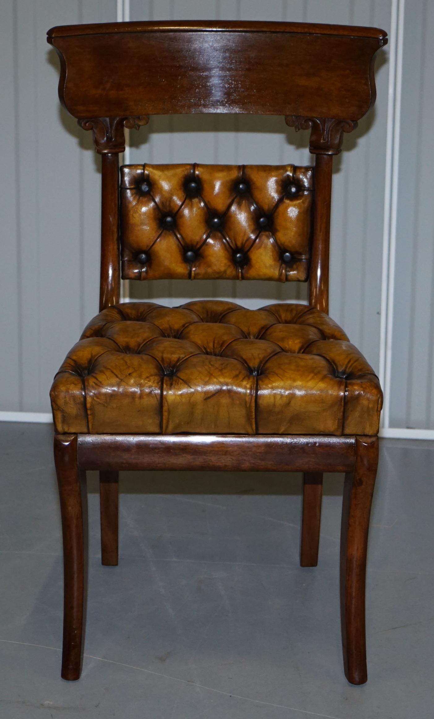 Four Original Regency Walnut Restored Chesterfield Brown Leather Dining Chairs For Sale 9