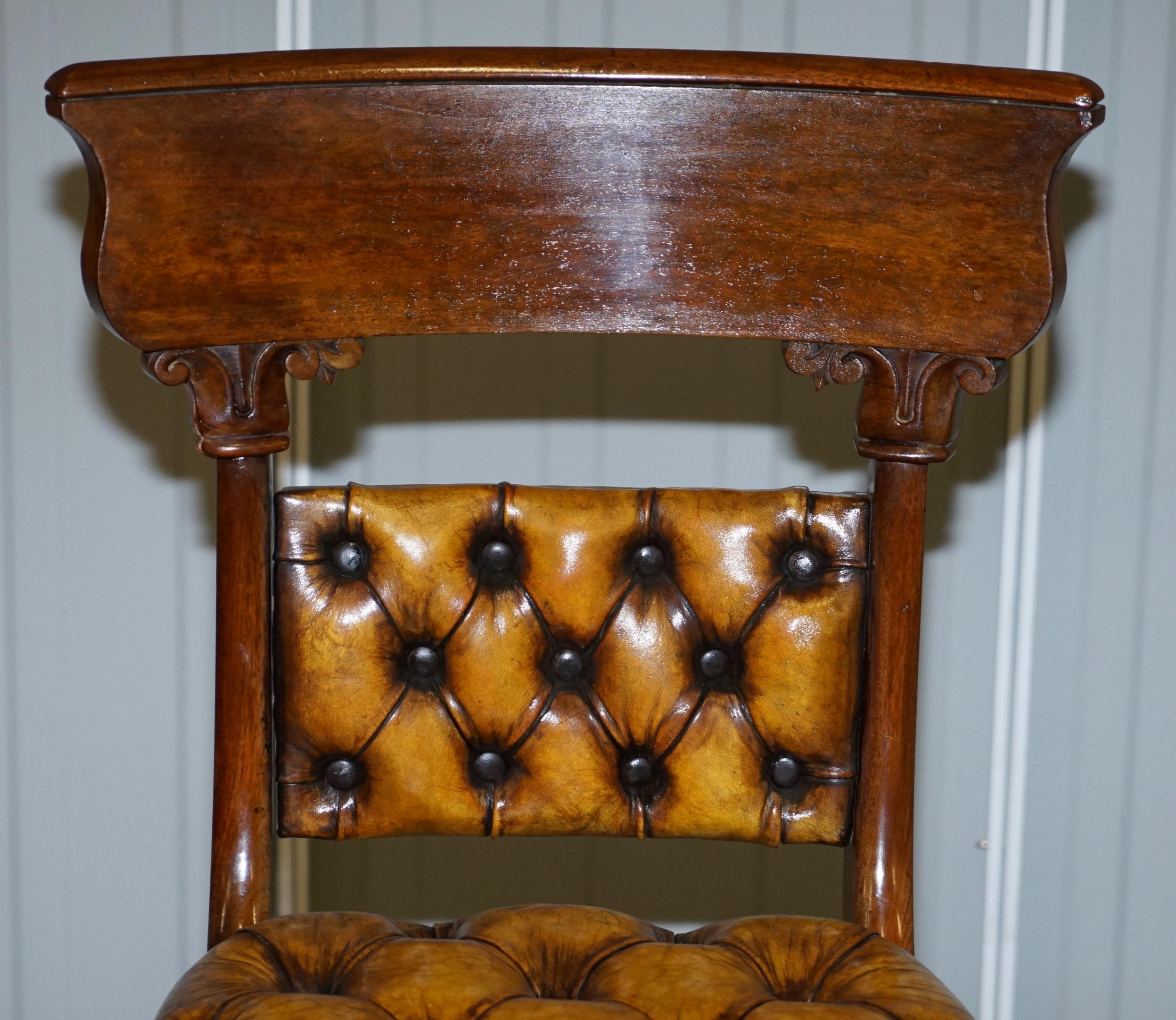 Four Original Regency Walnut Restored Chesterfield Brown Leather Dining Chairs For Sale 10