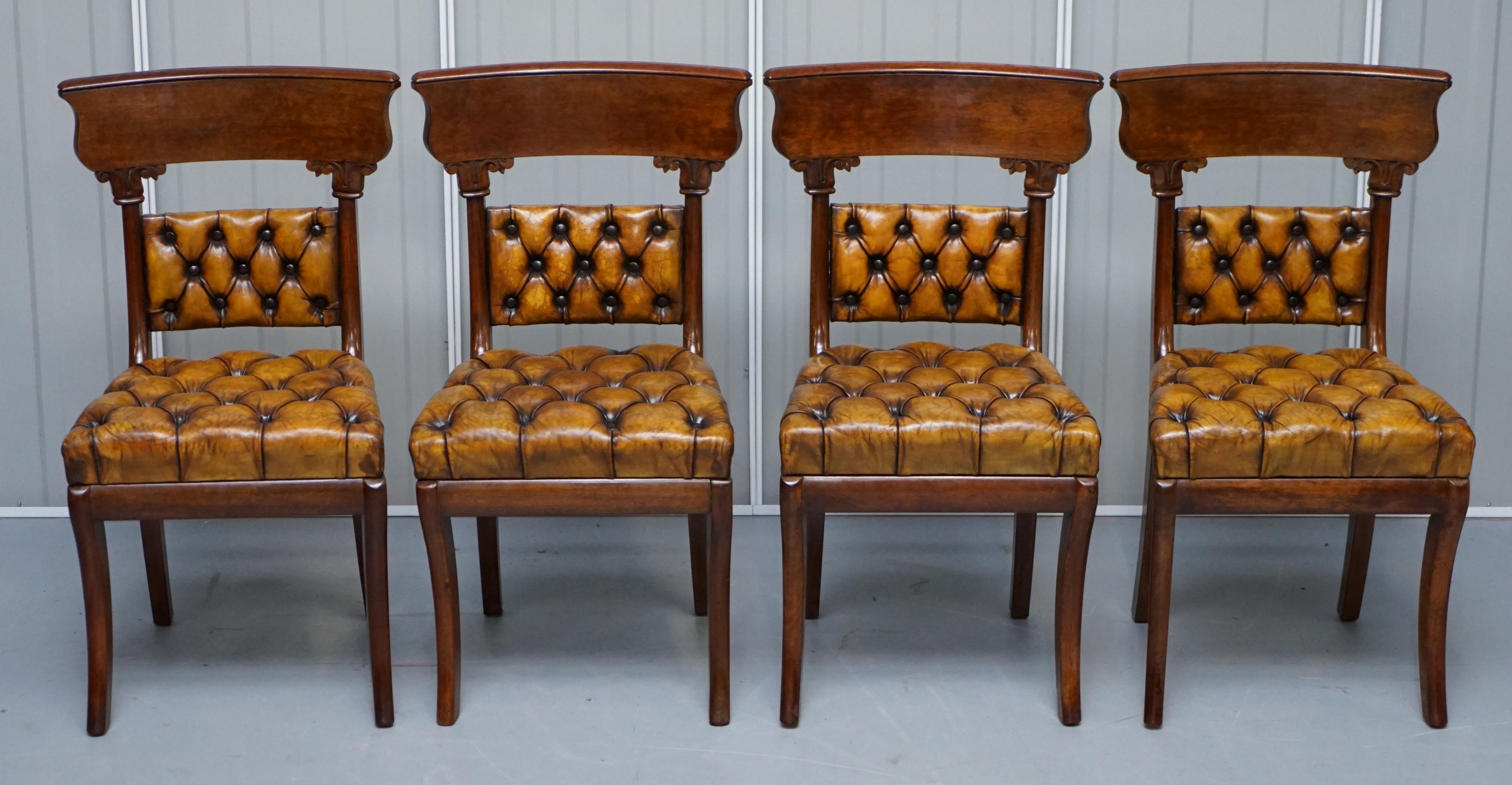 We are delighted to this stunning set of four Regency period circa 1810-1820 fully restored Chesterfield aged cigar brown leather dining chairs in walnut

An absolutely sublime suite of four original very heavy dining chairs. They are as mentioned