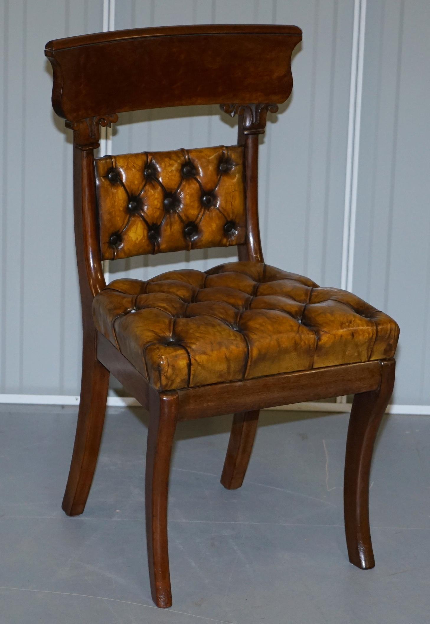 Four Original Regency Walnut Restored Chesterfield Brown Leather Dining Chairs For Sale 13