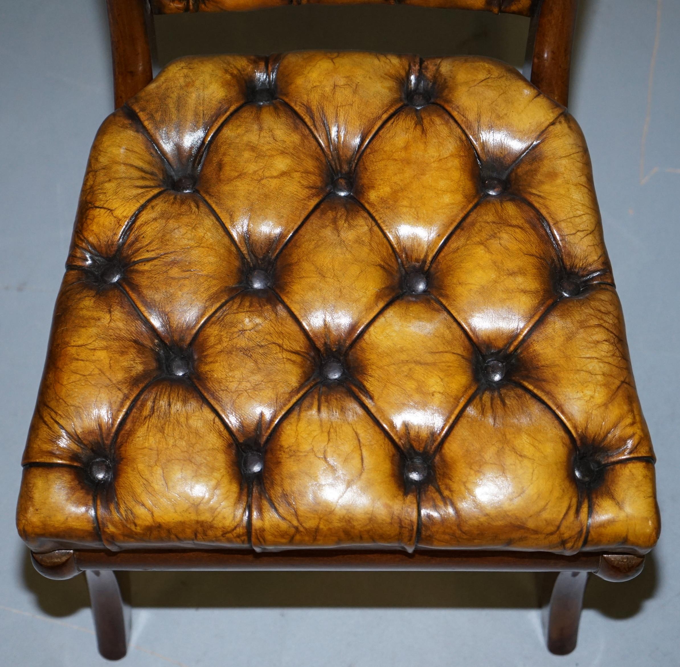 Four Original Regency Walnut Restored Chesterfield Brown Leather Dining Chairs For Sale 2