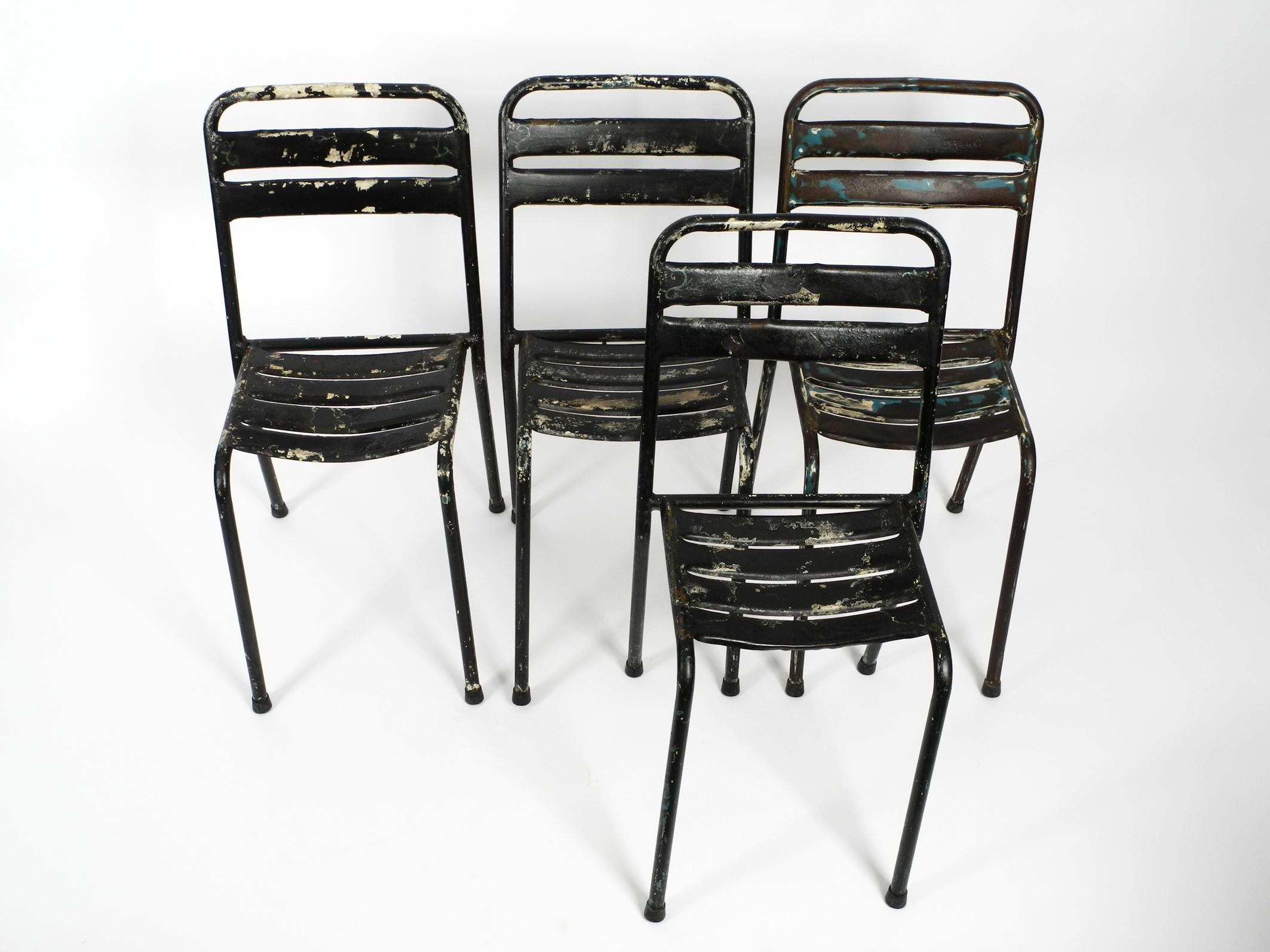 Mid-Century Modern Four Original Sanded Tolix Bistro Café Chairs Design Xavier Pauchard, France