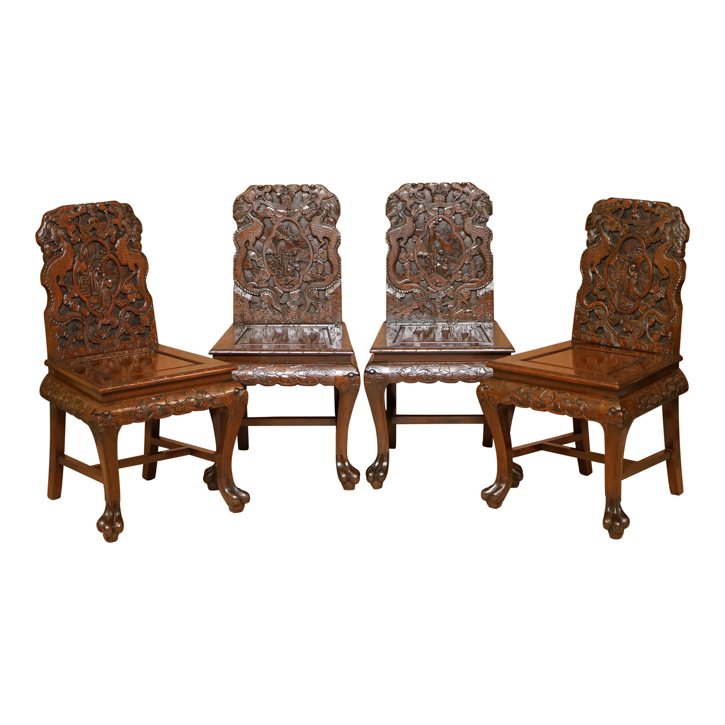 Four Ornately Carved Chinese Export circa 1900 Dragon Dining Occasional Chairs