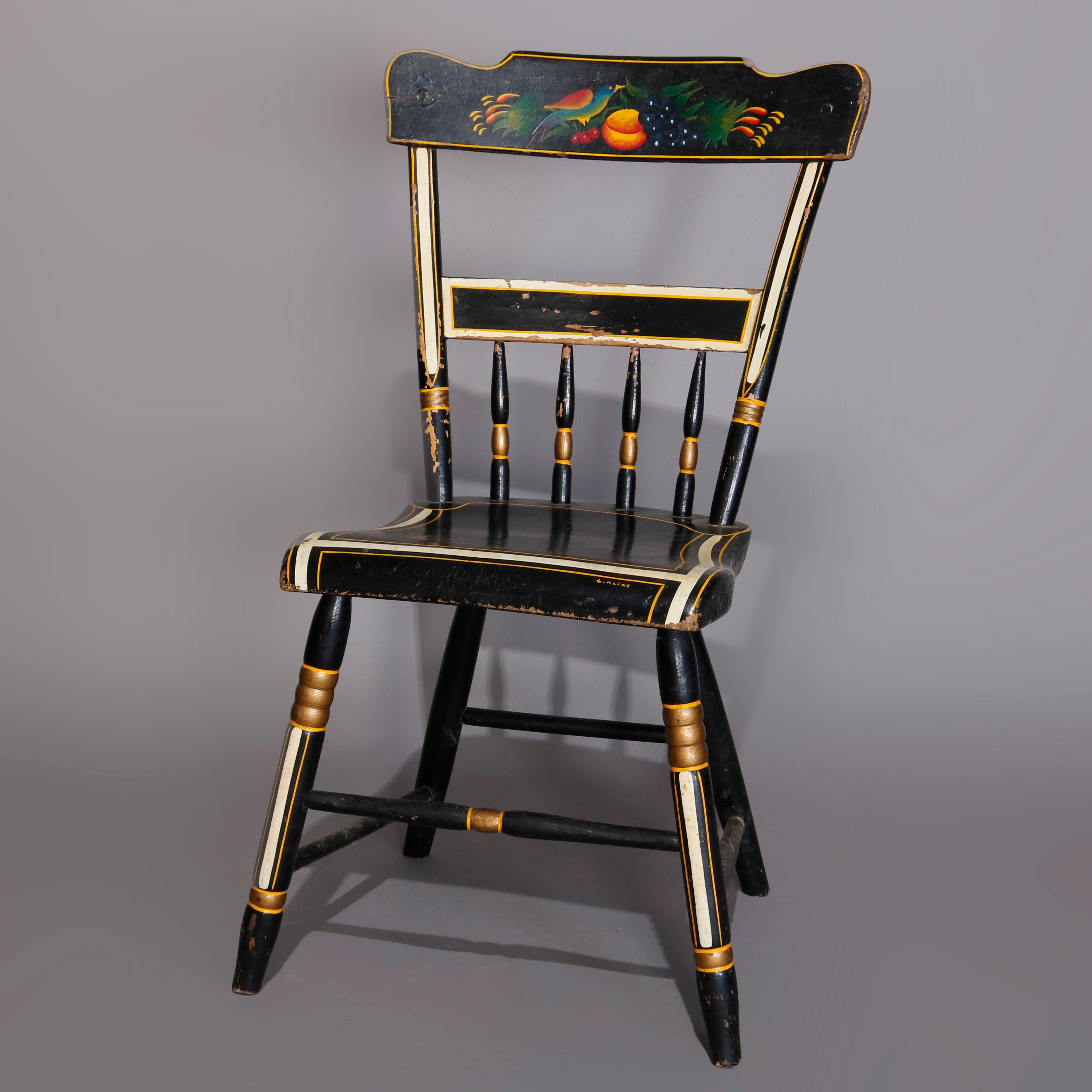 An antique set of four Hitchcock School side chairs offer ebonized finish with backs having hand painted fruit still life with bird over paint and gilt decorated plank seats and legs, 19th century

***DELIVERY NOTICE – Due to COVID-19 we are