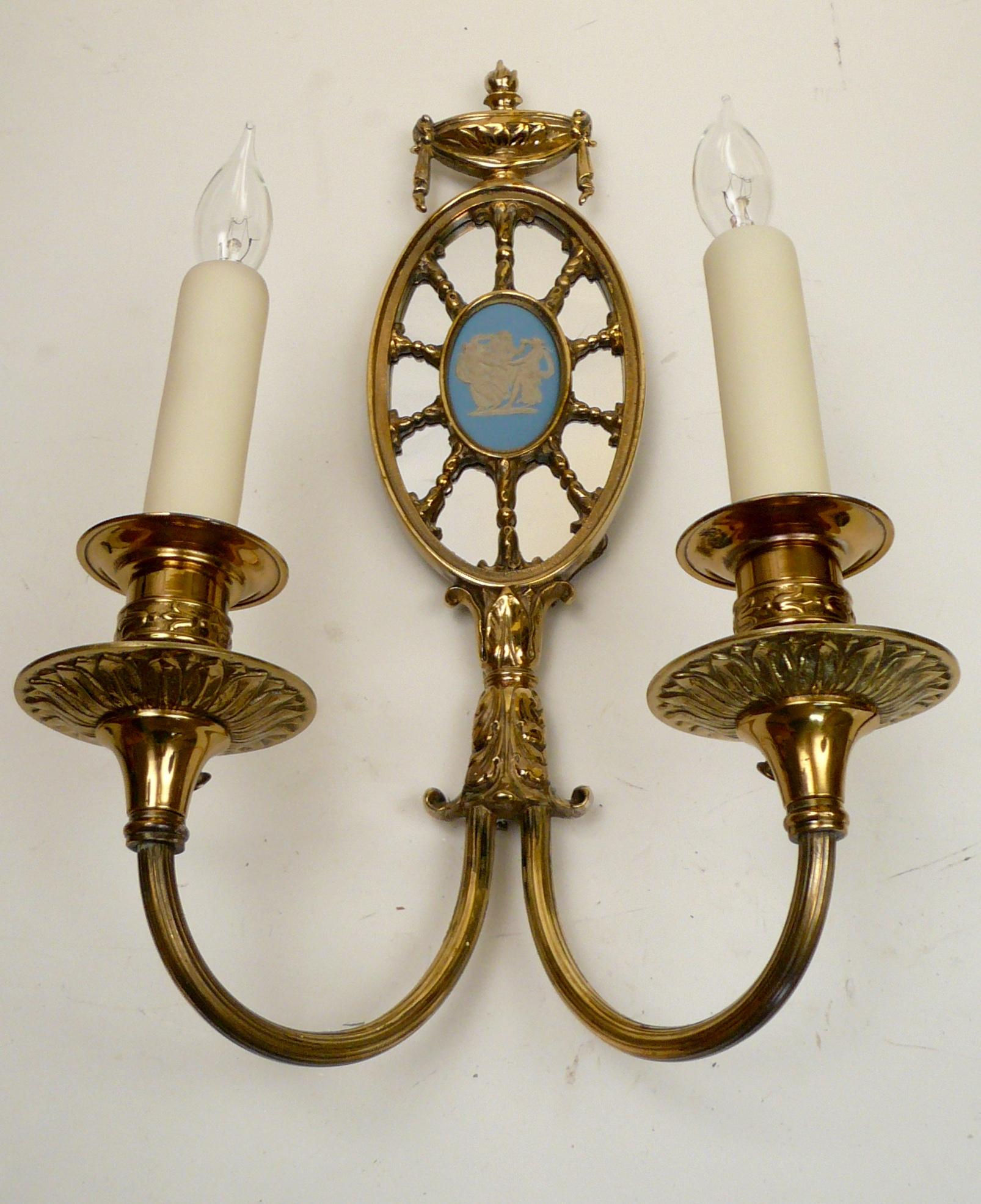 20th Century 4 Pairs Adam Style Mirrored Sconces with Wedgwood Plaques Attributed to Caldwell