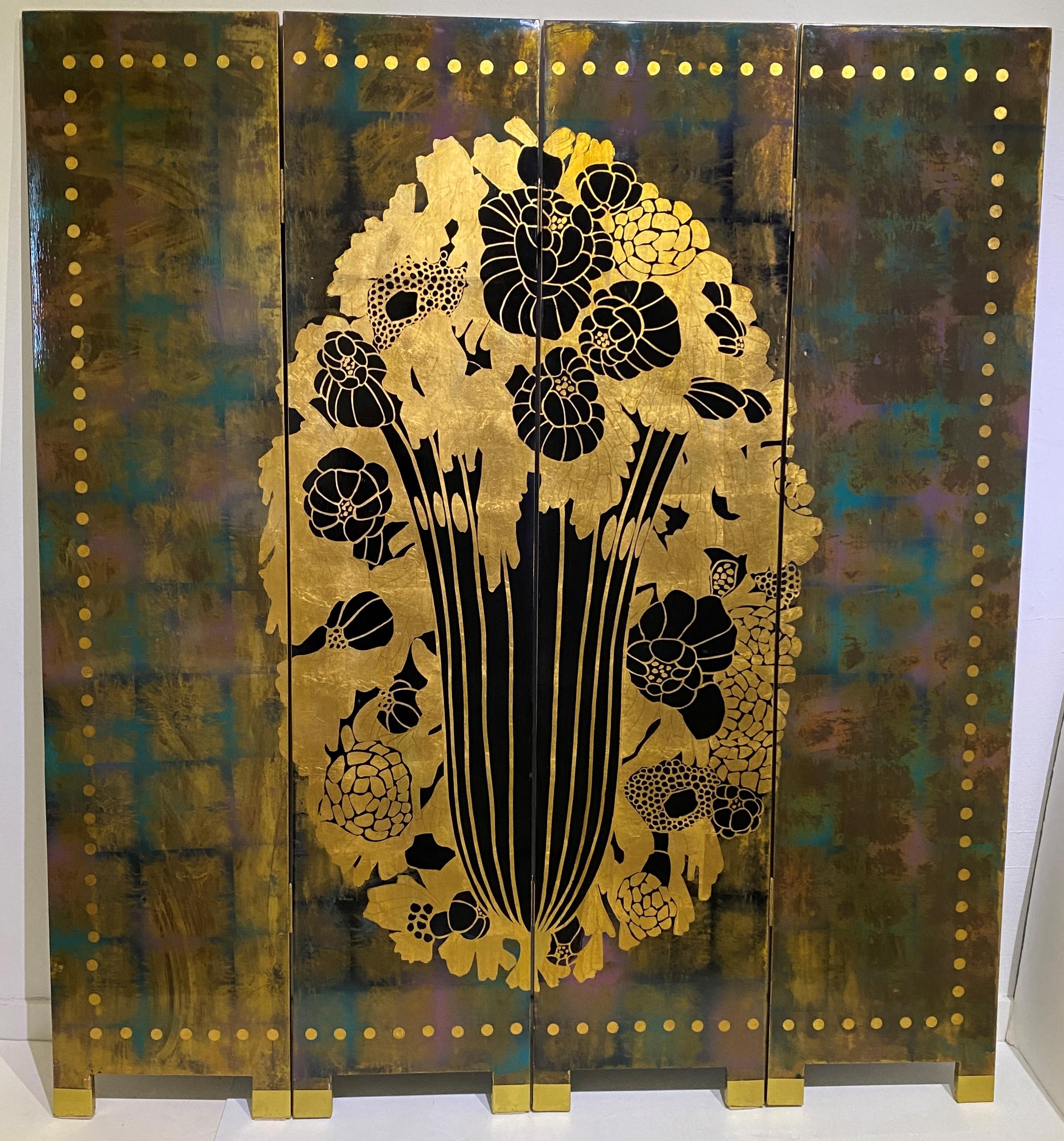 This stylish and chic Art Deco style lacquered,four panel folding screen has taken its inspiration from a cabinet designed by Emile Jacques Ruhlmann (see last image).

Note: The backside of the screen is a black lacquer with gold colored images of