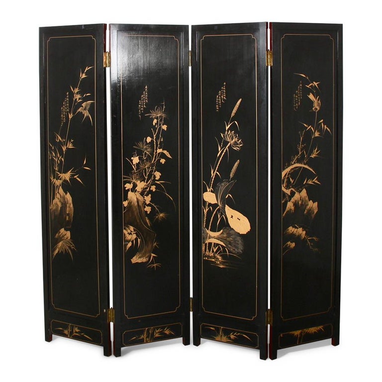 FourPanel Asian Lacquer and Carved Stone Screen at 1stDibs