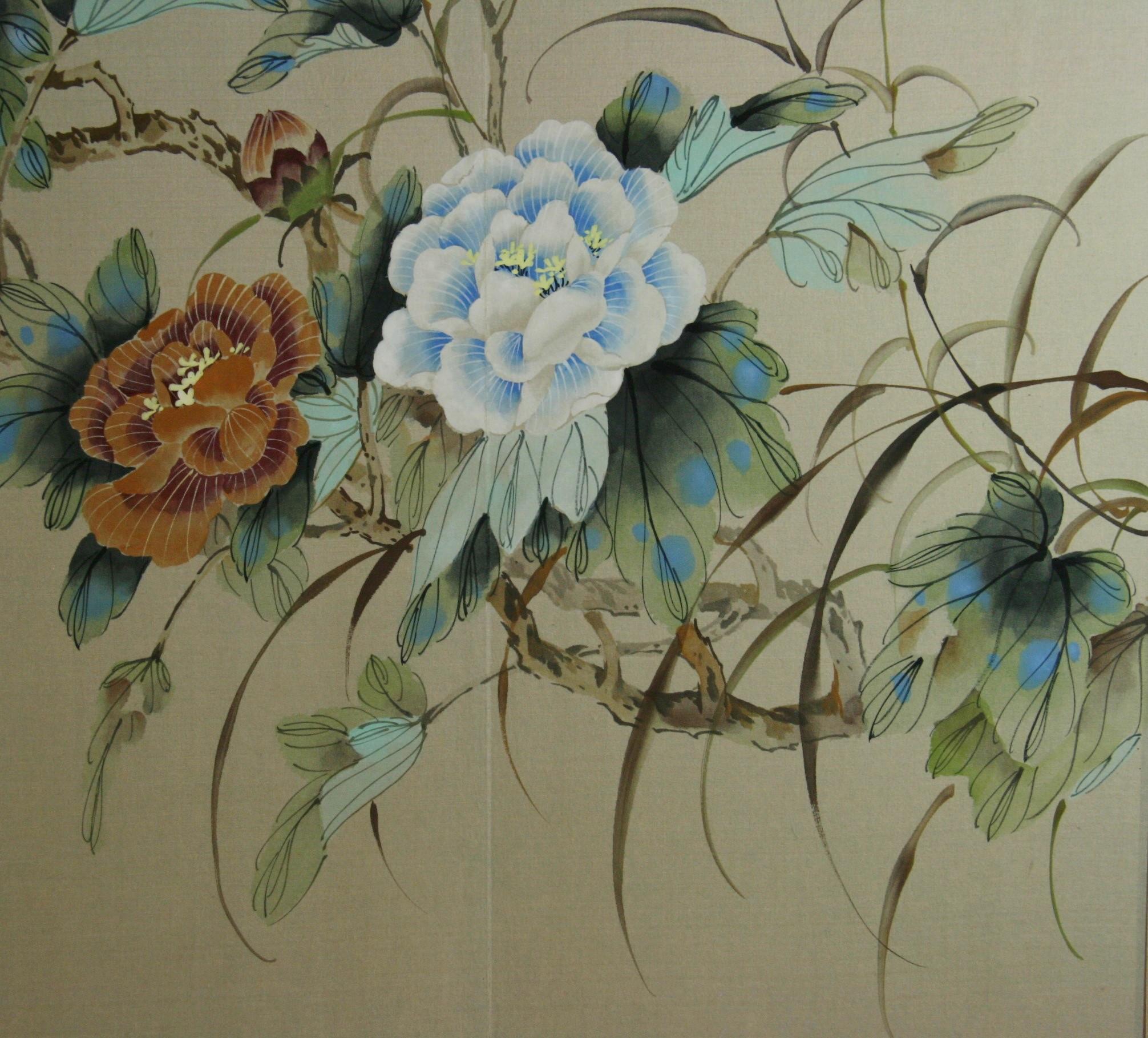 Four Panel Japanese  Screen Birds and Flowers In Good Condition In Douglas Manor, NY