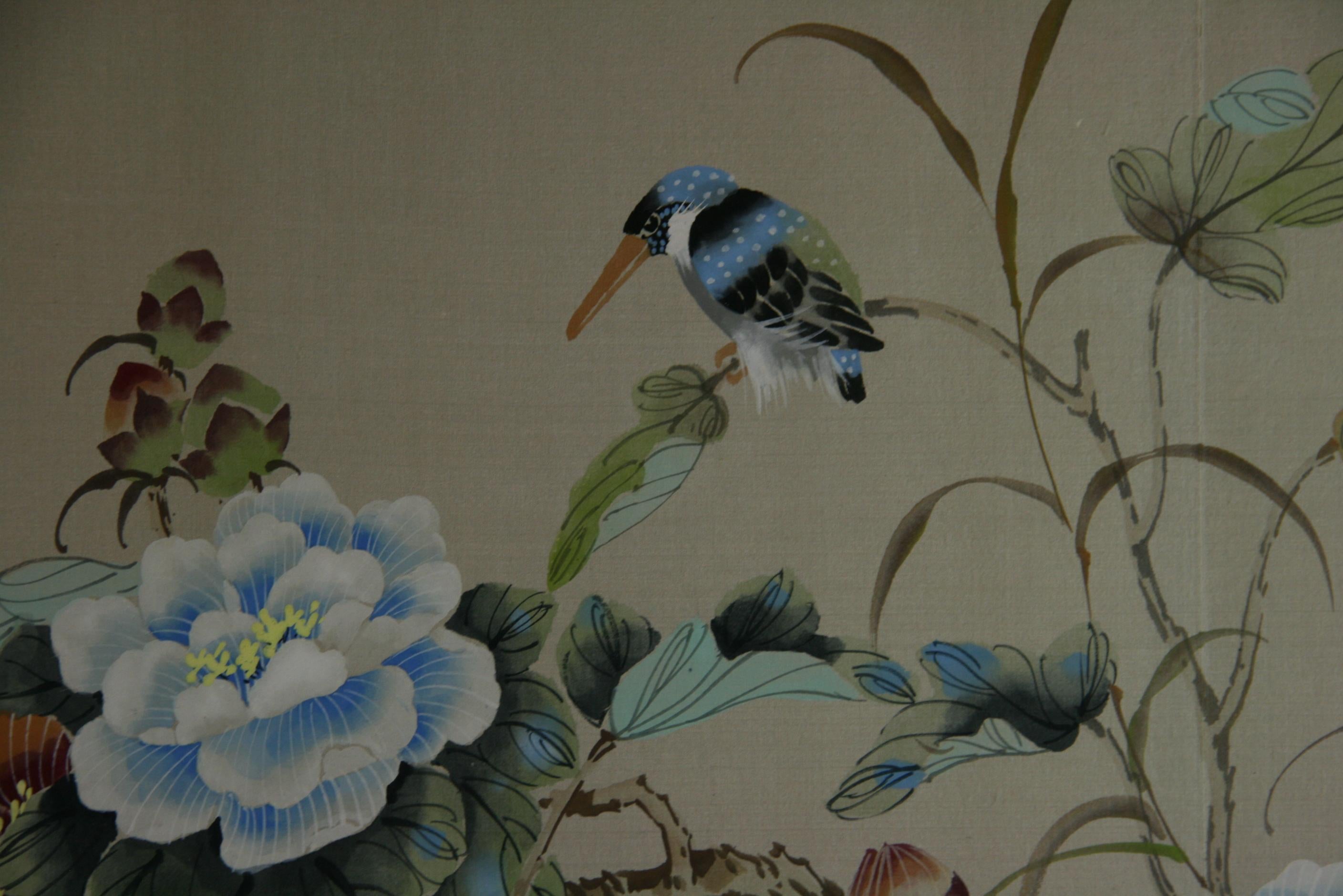 Mid-20th Century Four Panel Japanese  Screen Birds and Flowers